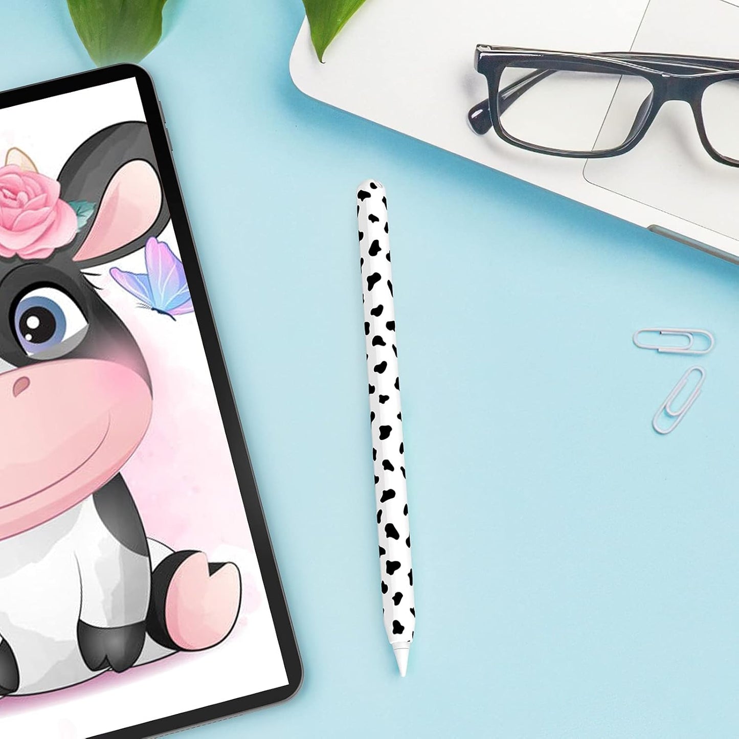 Cow Print Case for Apple Pencil 2Nd Generation Case Cover Silicone Protective Sleeve Skin Accessories with 10Pcs Apple Pencil Tips Cover (Black)