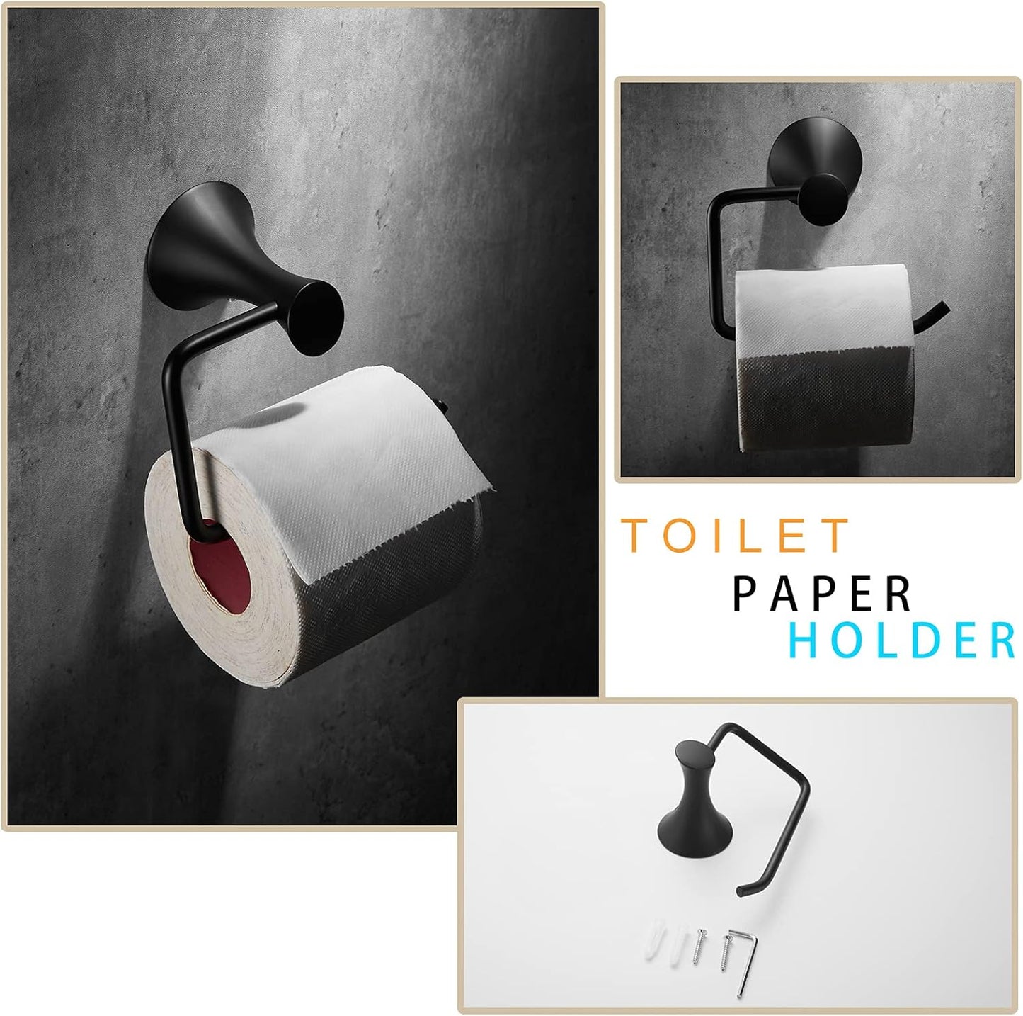 3-Pieces Bathroom Hardware Set Matte Black, Bathroom Accessories Wall Mounted - Includes Hand Towel Ring, Toilet Paper Holder, Robe Towel Hooks,Bathroom Accessories Kit