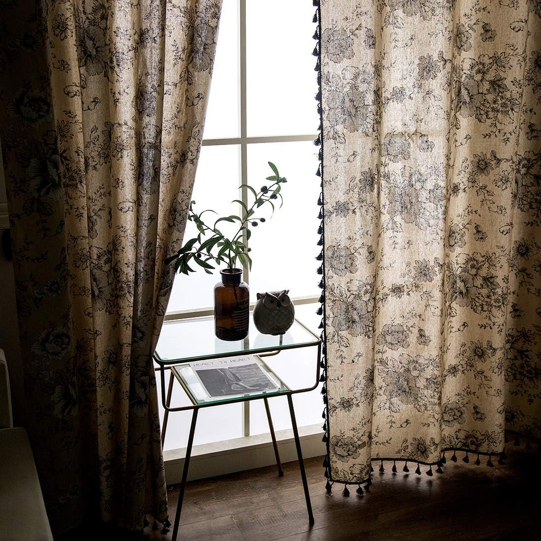 Cotton Linen Floral Window Curtain with Tassels Farmhouse Room Darkening Grommet Curtains for Bedroom Living Room Windows, 1 Panel (Floral,59"X63")