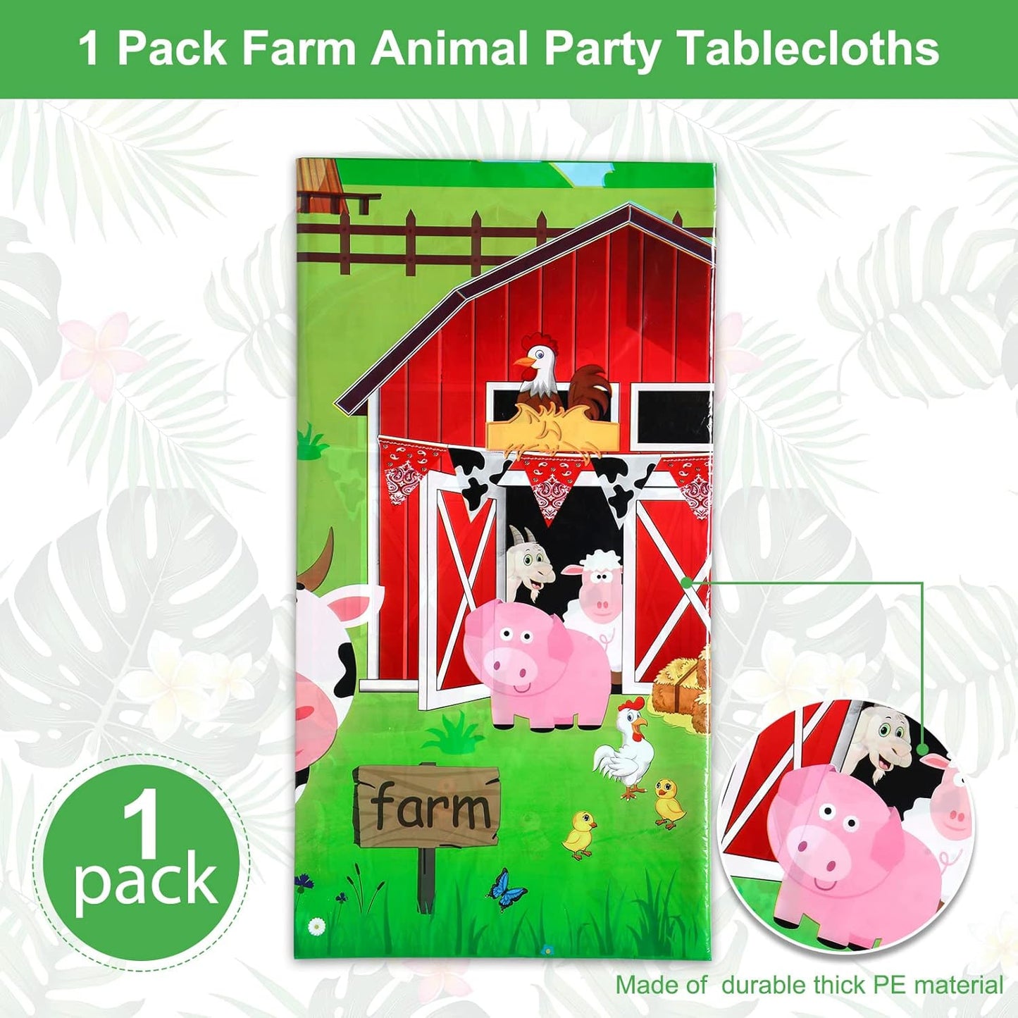 Farm Animals Party Tablecloth Farmhouse Disposable Plastic Table Cover Barnyard Farm Animal Theme Party Decorations for Baby Shower Birthday Party Supplies, 108 X 54 Inch (Red,1 Piece)