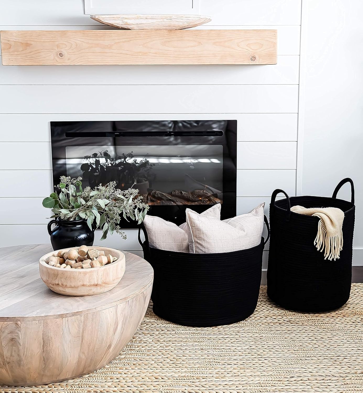 Black Basket for Storage 20X13, Big Basket for Blankets for Living Room, round Laundry Basket & Blanket Holder for Bedroom, Boho Blanket Basket, Pillow Basket & Toy Basket