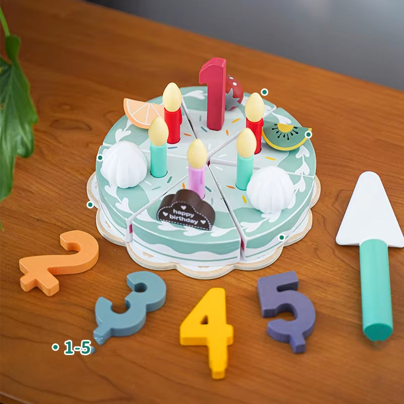 Kids Gifts Fashion Pretend Play Cutting Wooden Simulation Cream Strawberry Birthday Cake Toy with Candles Early Education