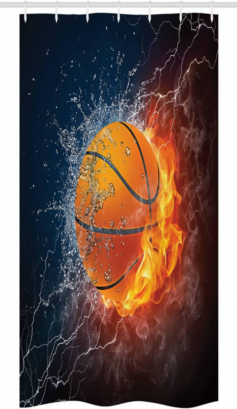 Sports Stall Shower Curtain, Basketball Ball and Water Splashing Thunder Lightning Themed Design, Fabric Bathroom Decor Set with Hooks, 36" W X 72" L, Dark Blue and Burgundy