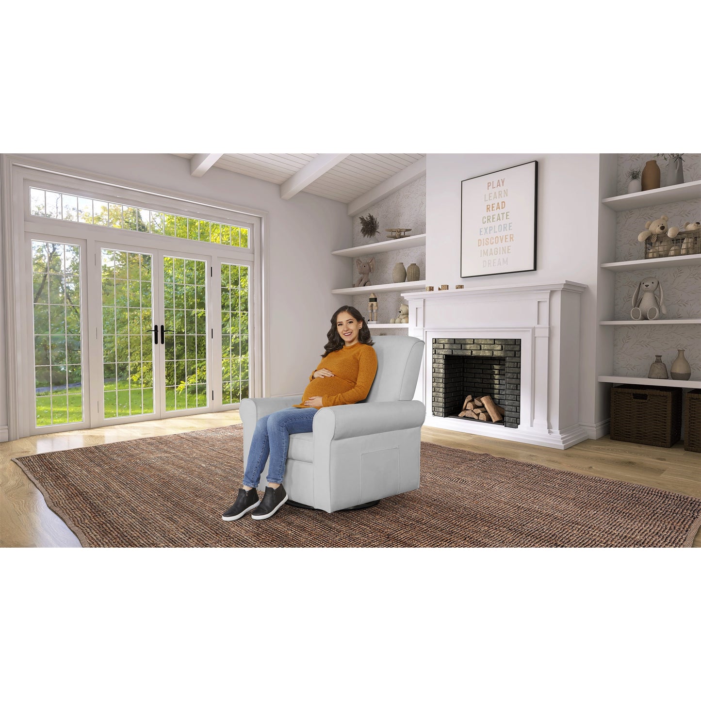 London Upholstered 360 Swivel L Glider I Rocker I Nursery Glider I Durable Soft Fabric in Gray Finish