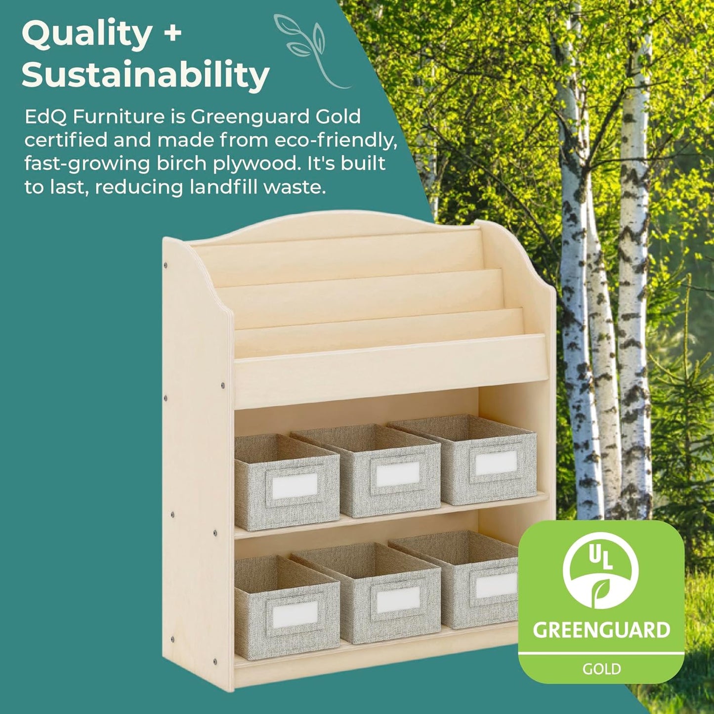 Edq Book and Bin Browser Natural: 6 Fabric Storage Bins, Book Display and Toy Storage Organizer for Kids; School Supply Furniture