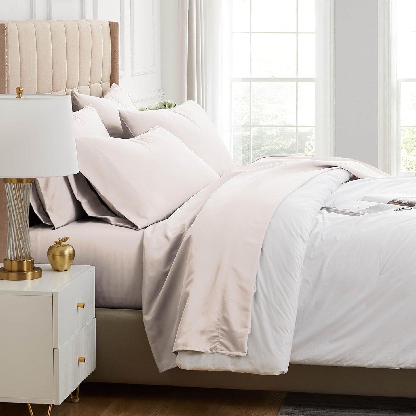 Premium Collection, 6-Piece, Deep Pocket Sheet Set, Easy Care, Shrinkage Free Sheet Set with 1 Flat Sheet, 1 Fitted Sheet, 4 Pillowcases, Bone, Full
