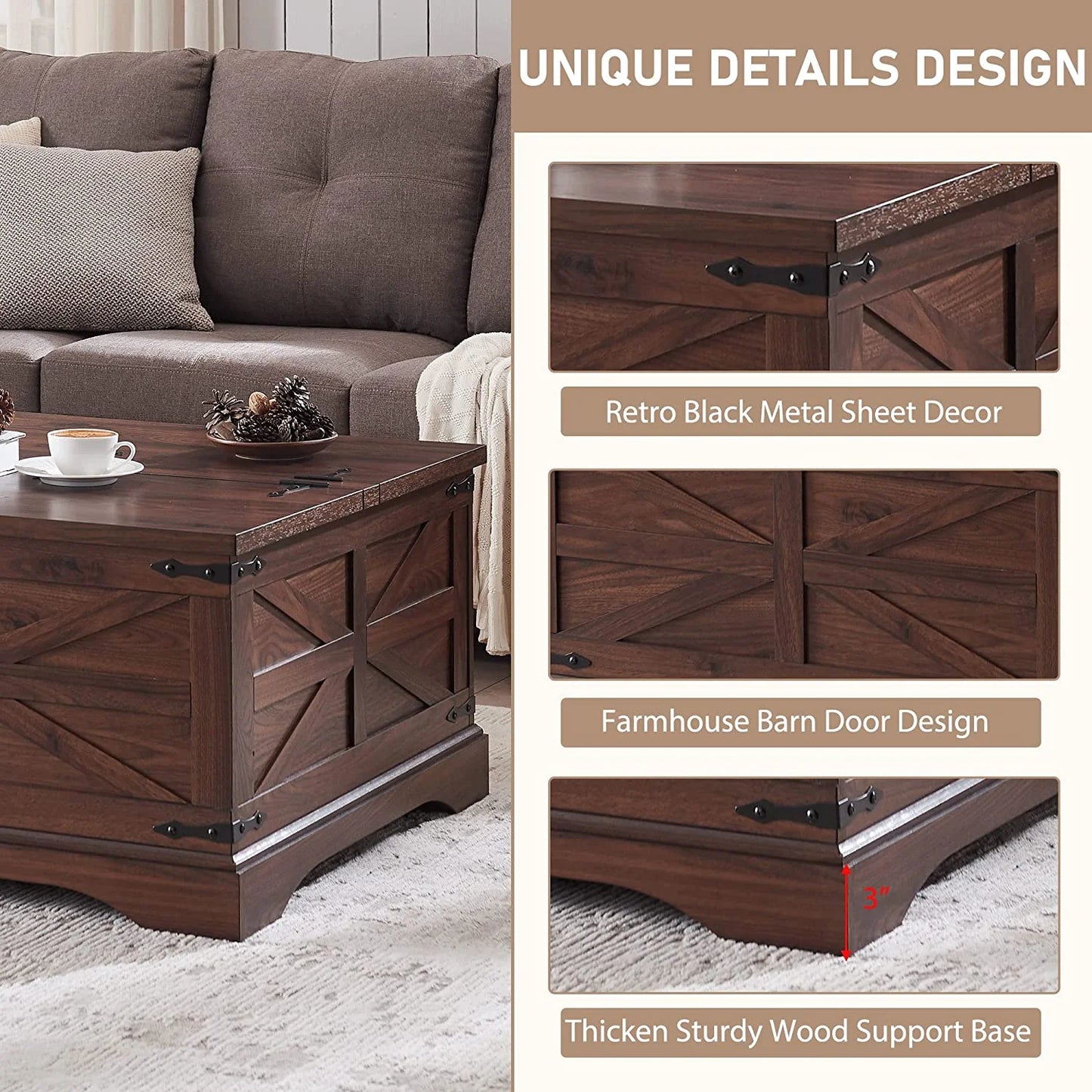 Farmhouse Coffee Table with Storage and Lift Top, Square Wood Center for Living Room, Brown