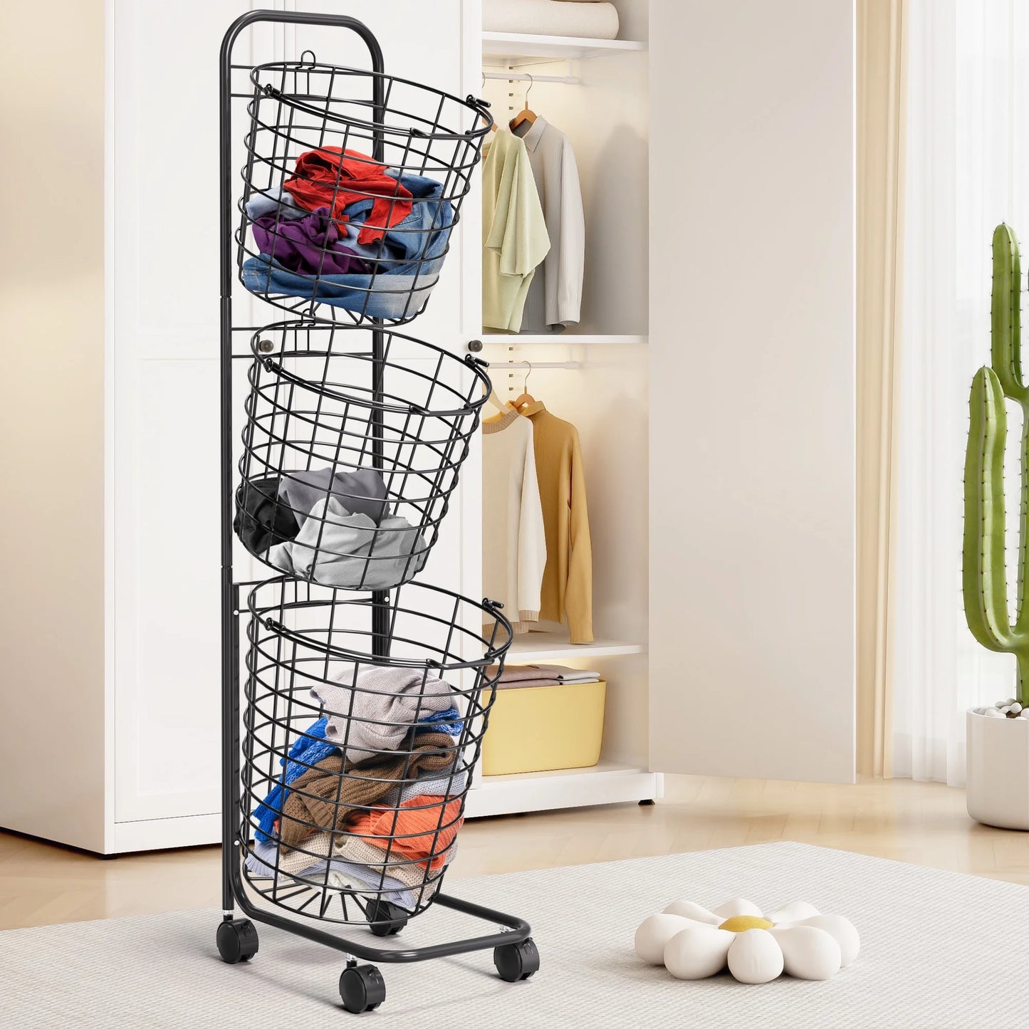 Removable 3 Tier Metal Rolling Laundry Basket Cart,Large Capacity Wire Basket Laundry Hamper with Wheels, Laundry Butler for Bathroom Bedroom Laundry Room, Black