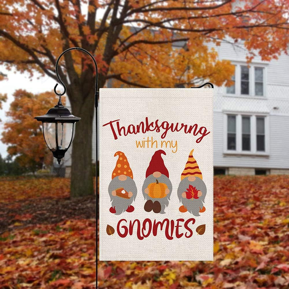Thanksgiving Garden Flags for Outside,Fall Thankful Gnomes with Pumpkins Yard Flags,Small Seasonal Garden Decor for Rustic Farmhouse Lawn Outdoor Outside,12X18 Inch Double Sided