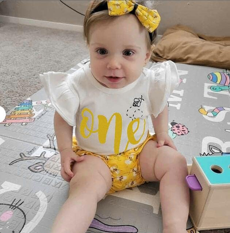 Baby Girl One Birthday Outfits Ruffle Sleeve Romper+Strawberry Shorts+Headband 3Pcs Summer Clothes