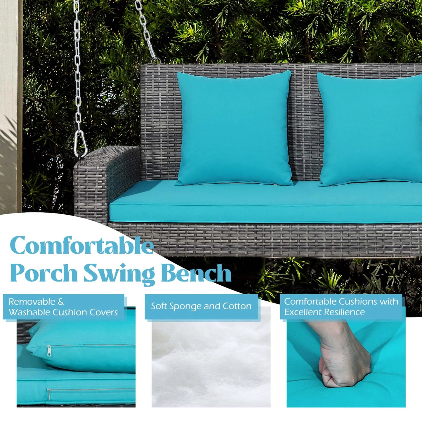 Fashion 2-Person Patio Hanging Porch Swing Rattan 800LBS Swing Bench W/ Turquoise Cushions