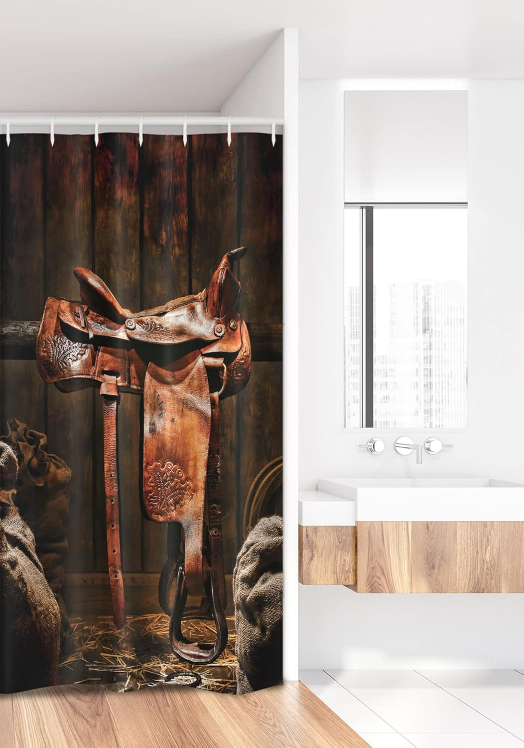 Western Stall Shower Curtain, American West Traditional Style Rodeo Cowboy Saddle Wood Ranch Barn Image, Fabric Bathroom Decor Set with Hooks, 36" W X 72" L, Brown