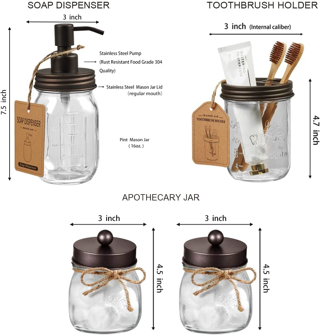 Mason Jar Bathroom Accessories Set(4 Pcs) -Lotion Soap Dispenser & 2 Cotton Swab Holder &Toothbrush Holder-Rustic Farmhouse Decor,Countertop Vanity Organize,Bathroom Home Decor (Bronze)