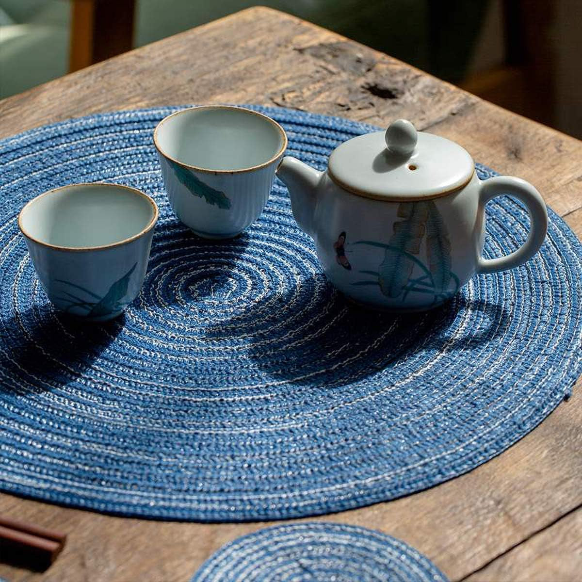 15Inch round Placemats Farmhouse Boho Placemats Cloth Placemat Rustic Woven Placemats for Dining Table Set of 6 Circle Placemats Linen Braided Placemats Washable Outdoor Blue Table Mats