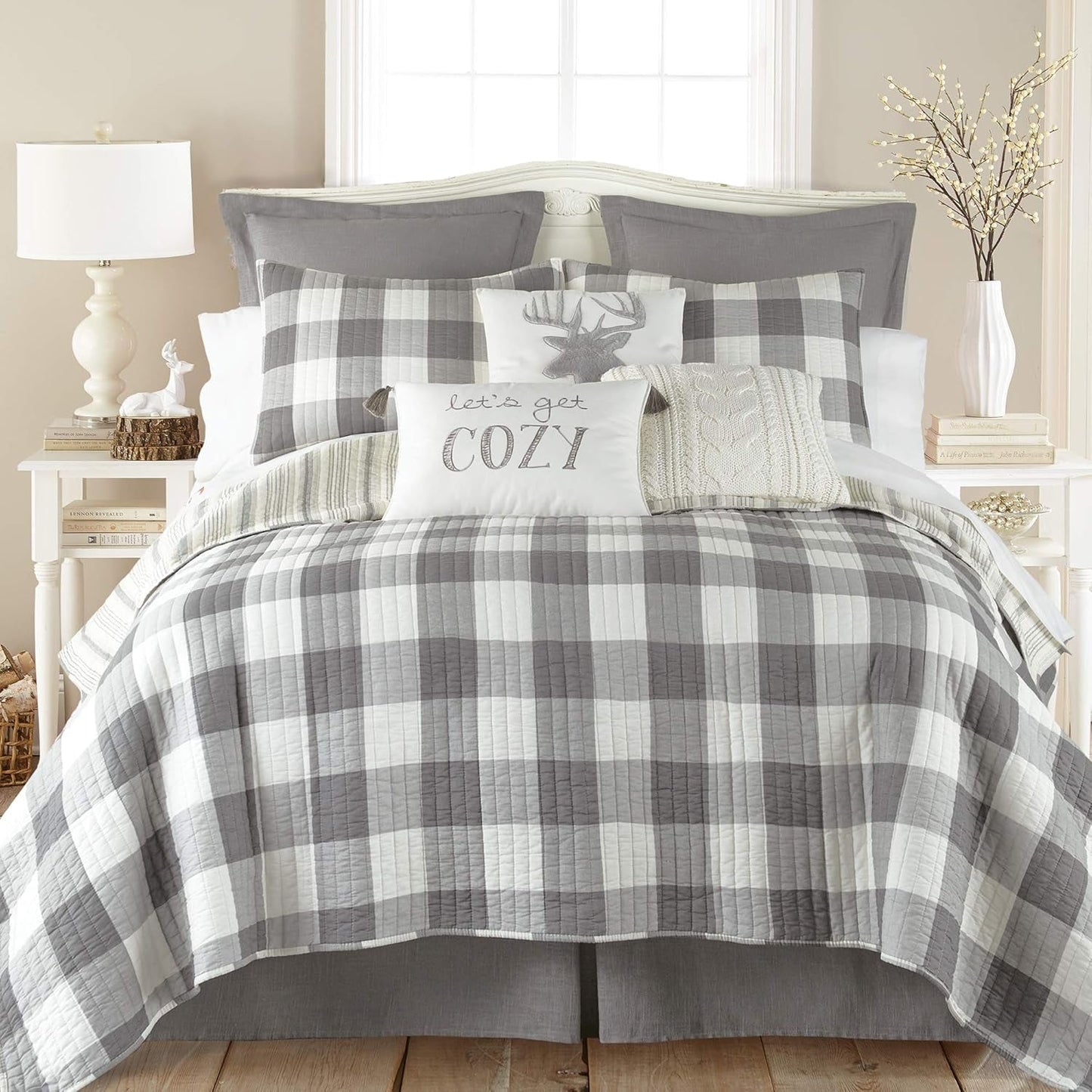 - Camden Quilt Set -Twin Quilt + One Standard Pillow Sham - Buffalo Check in Grey and Cream - Quilt Size (68 X 86 In.) and Pillow Sham Size (26 X 20 In.) - Reversible Pattern - Cotton