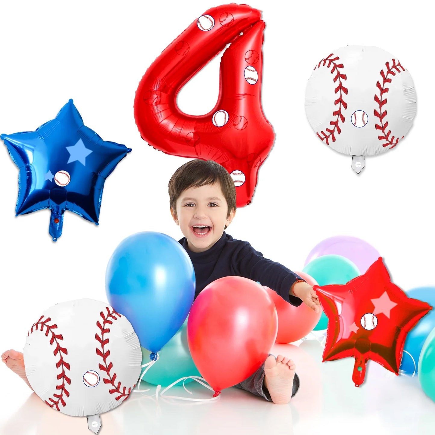 5 Pcs Baseball Balloons Set - Includes Baseball Foil Balloons, Number4 Balloon, Blue Red Star Balloons, Baseball Stickers for Baseball Party Supplies