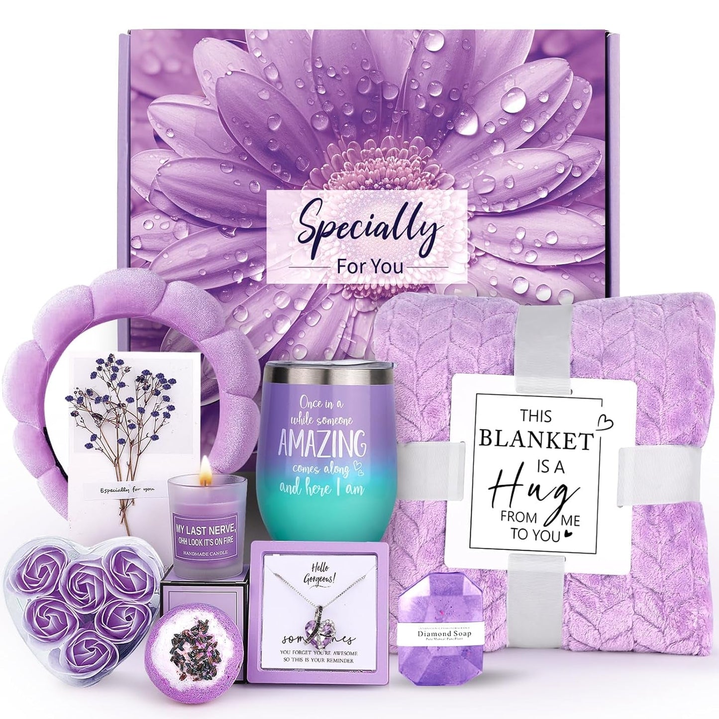 Mother'S Day Gifts for Wife Mum Women,Her,Girlfriend,Sister, Happy Birthday,Purple Relaxing Spa Gifts Baskets W/ Blanket,Get Well Self Care Gifts, Wife Mother Day Gifts Baskets for Women Mum Grandma