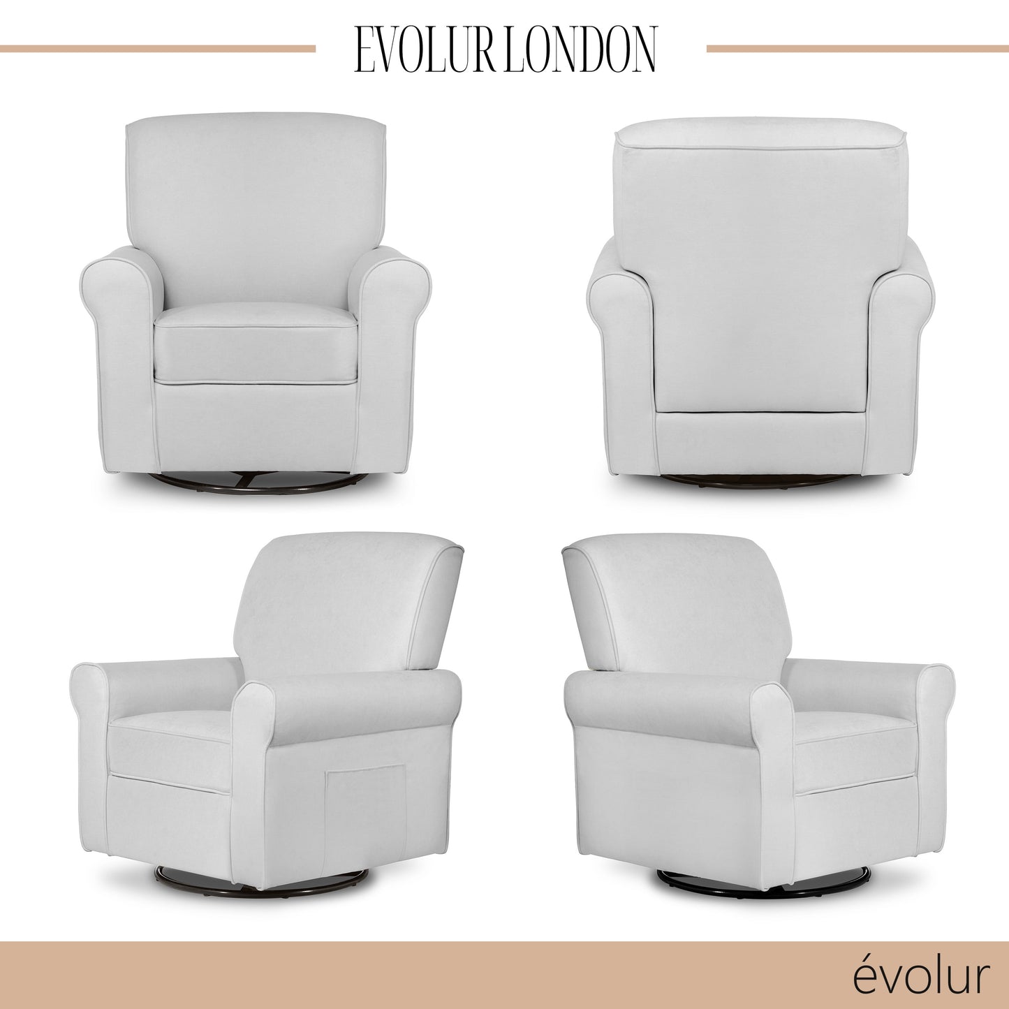 London Upholstered 360 Swivel L Glider I Rocker I Nursery Glider I Durable Soft Fabric in Gray Finish