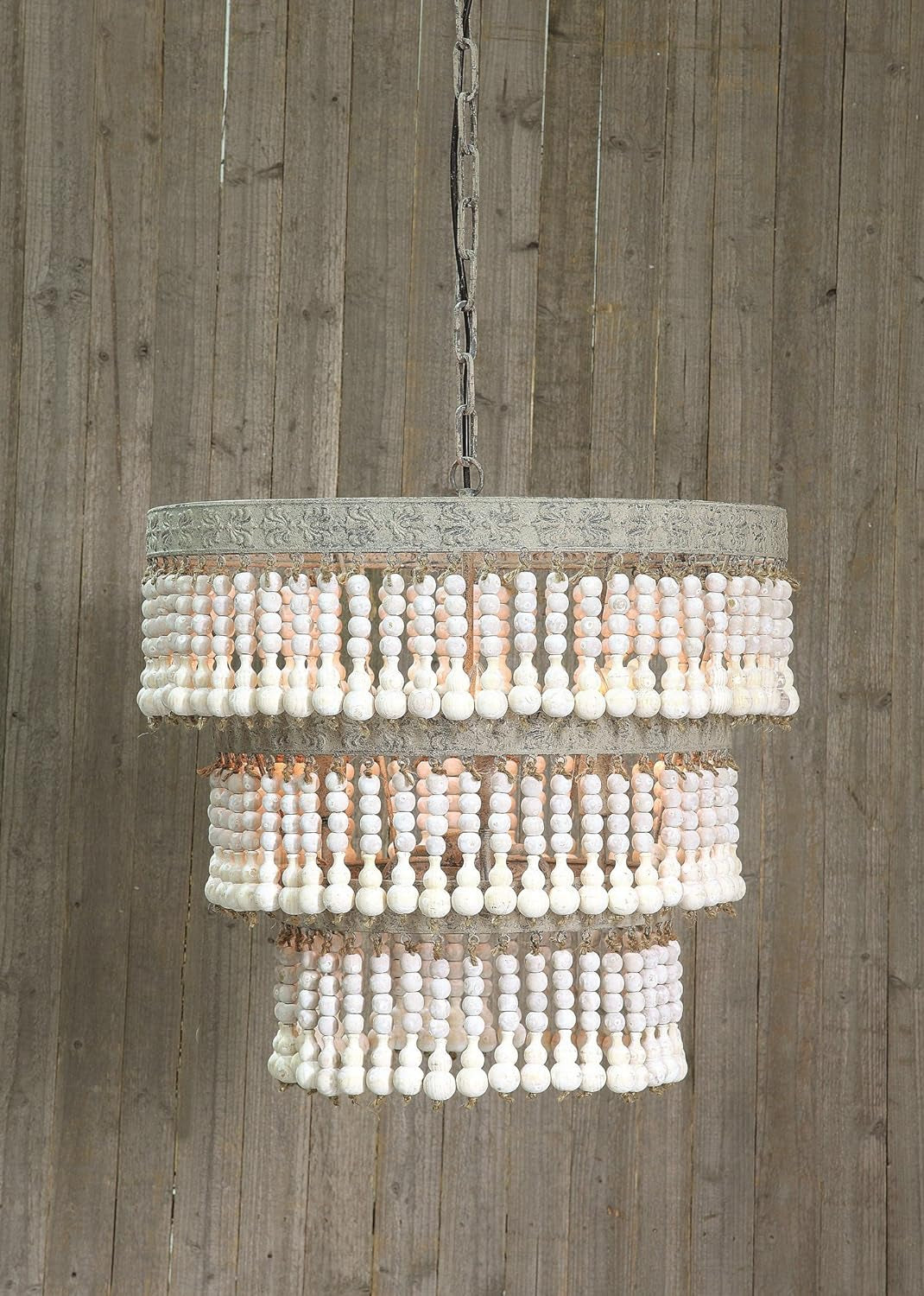 3-Tier round Metal Chandelier with Hanging Wood Beads