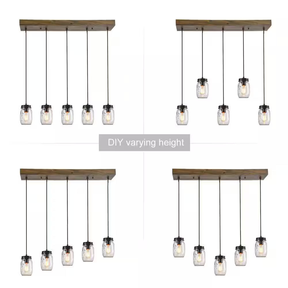 Modern Farmhouse 33 In. Wood DIY Linear Cluster Chandelier 5-Light Dark Brown Island Pendant with Rustic Mason Jar Shade