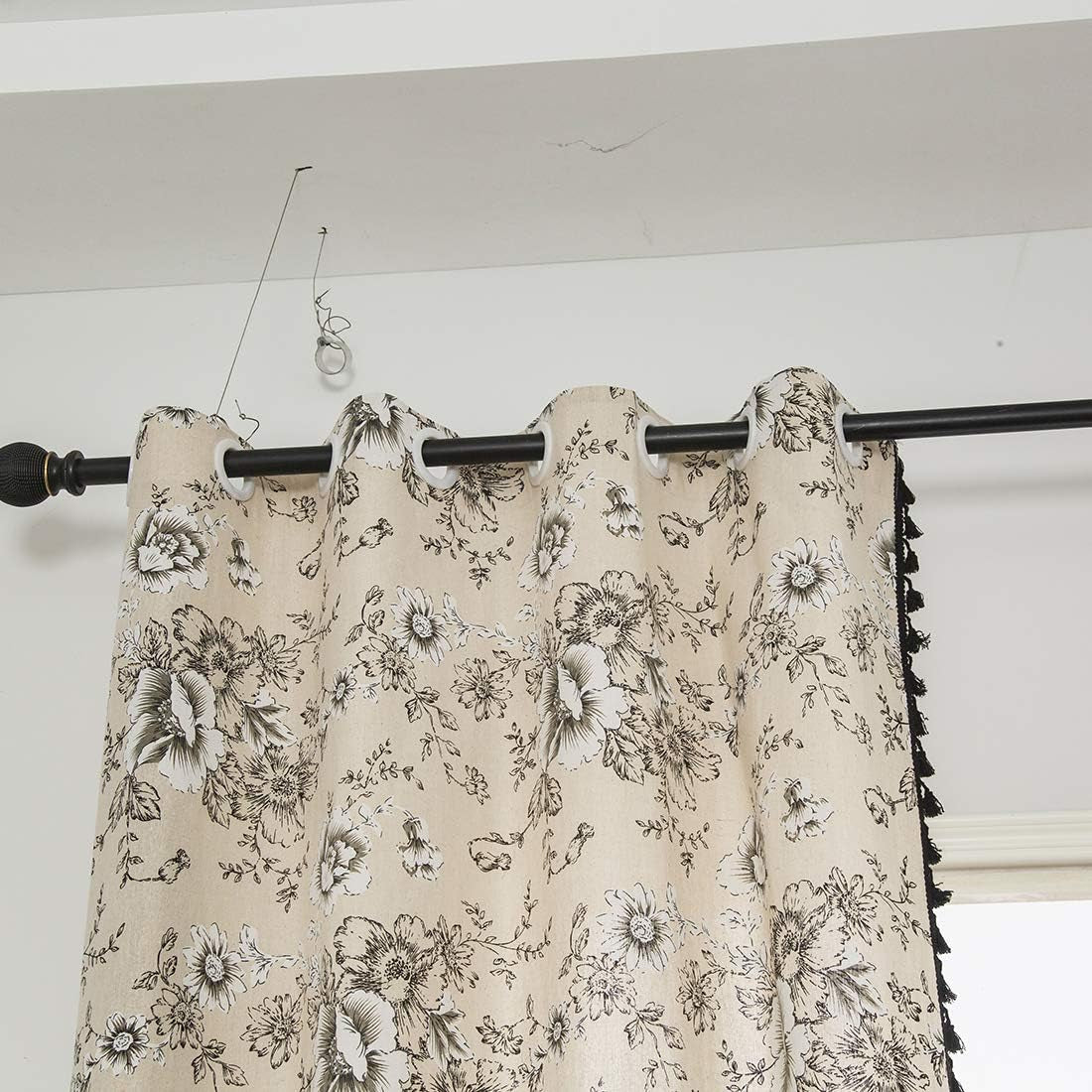 Cotton Linen Floral Window Curtain with Tassels Farmhouse Room Darkening Grommet Curtains for Bedroom Living Room Windows, 1 Panel (Floral,59"X63")