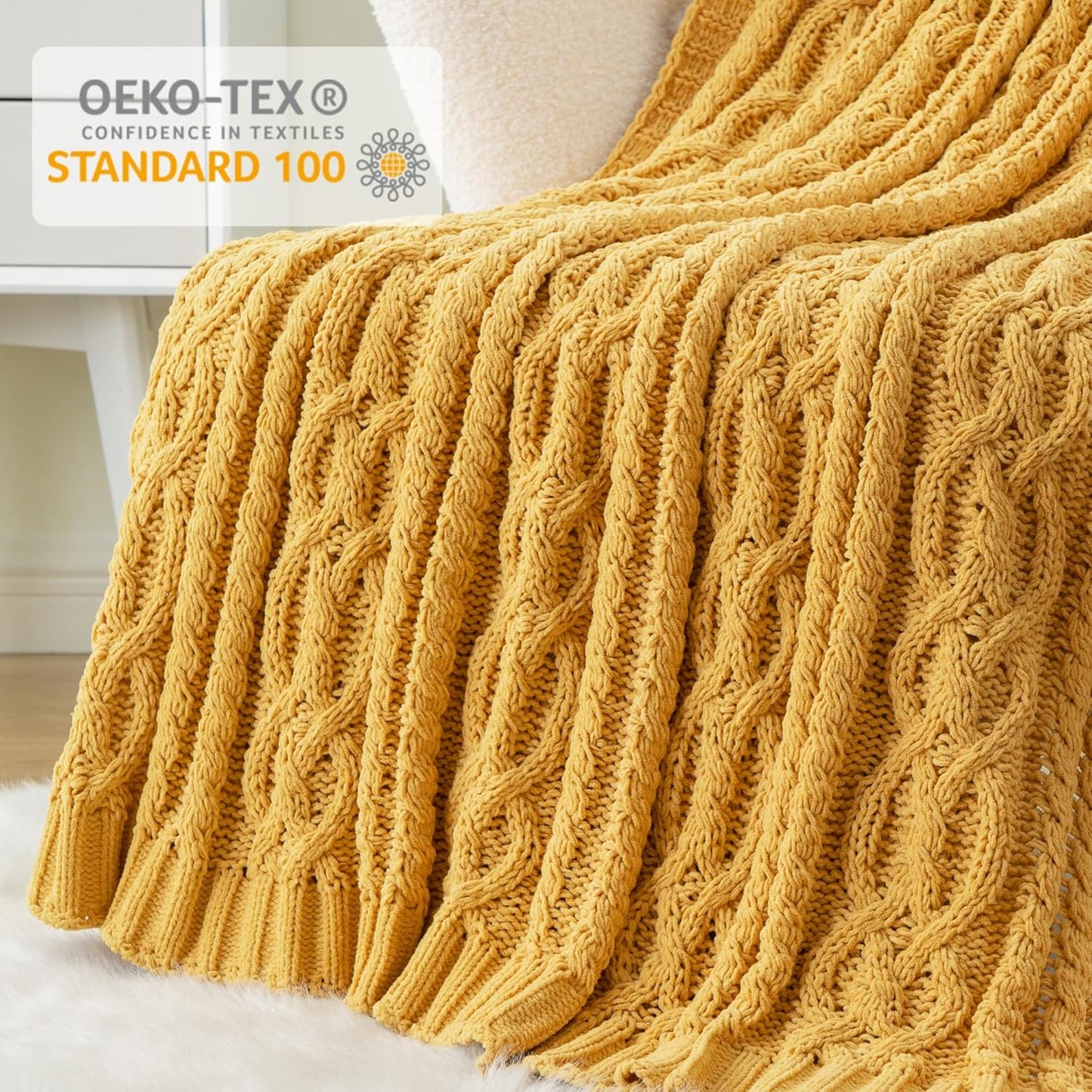 Mustard Yellow 51"X67" Chenille Throw Blanket for Couch, Sofa, Bed, All Seasons, Soft, Warm, Cozy