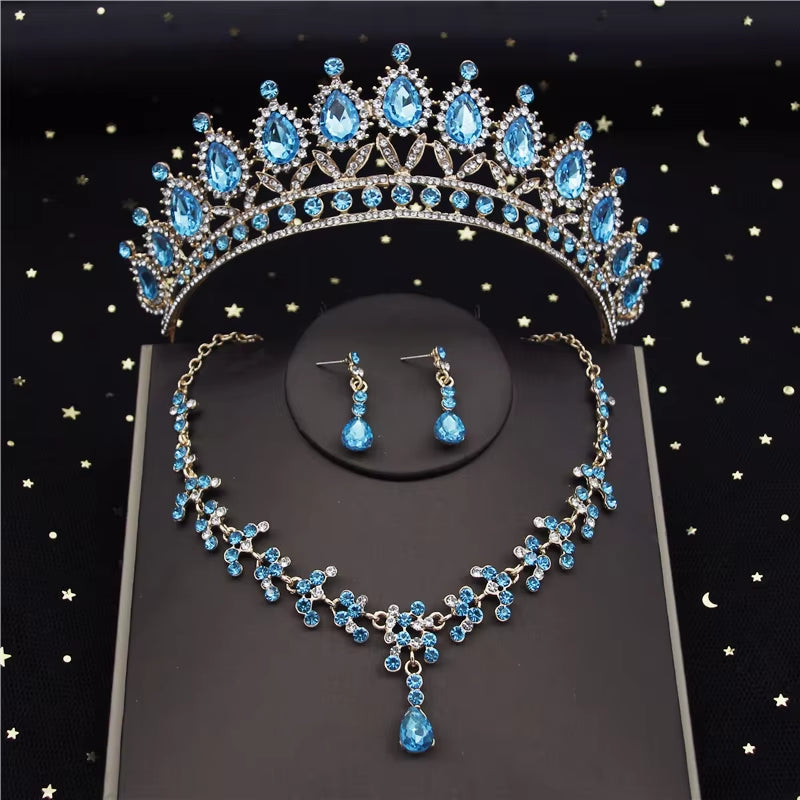 Luxury Crystal Bridal Jewelry Sets for Women Pink Tiaras Necklaces Earrings Set Bride Wedding Dress Birthday Crown Set Accessory