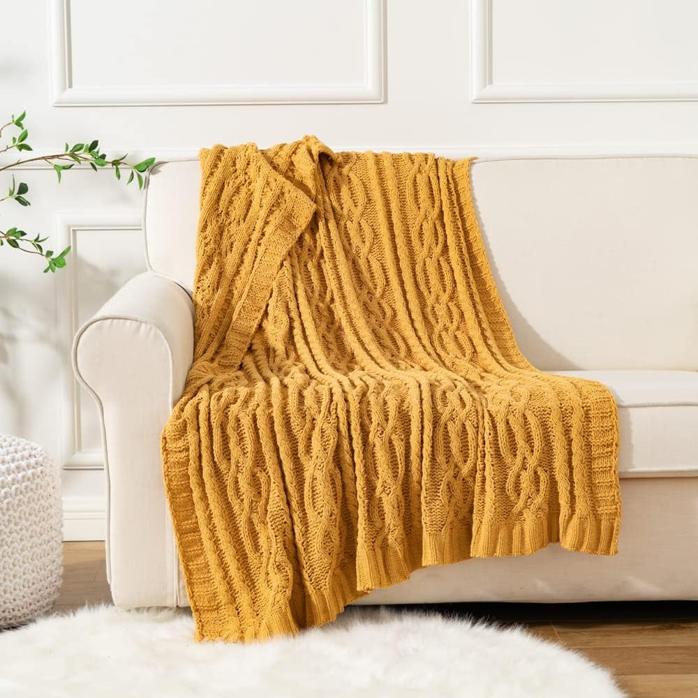 Mustard Yellow 51"X67" Chenille Throw Blanket for Couch, Sofa, Bed, All Seasons, Soft, Warm, Cozy