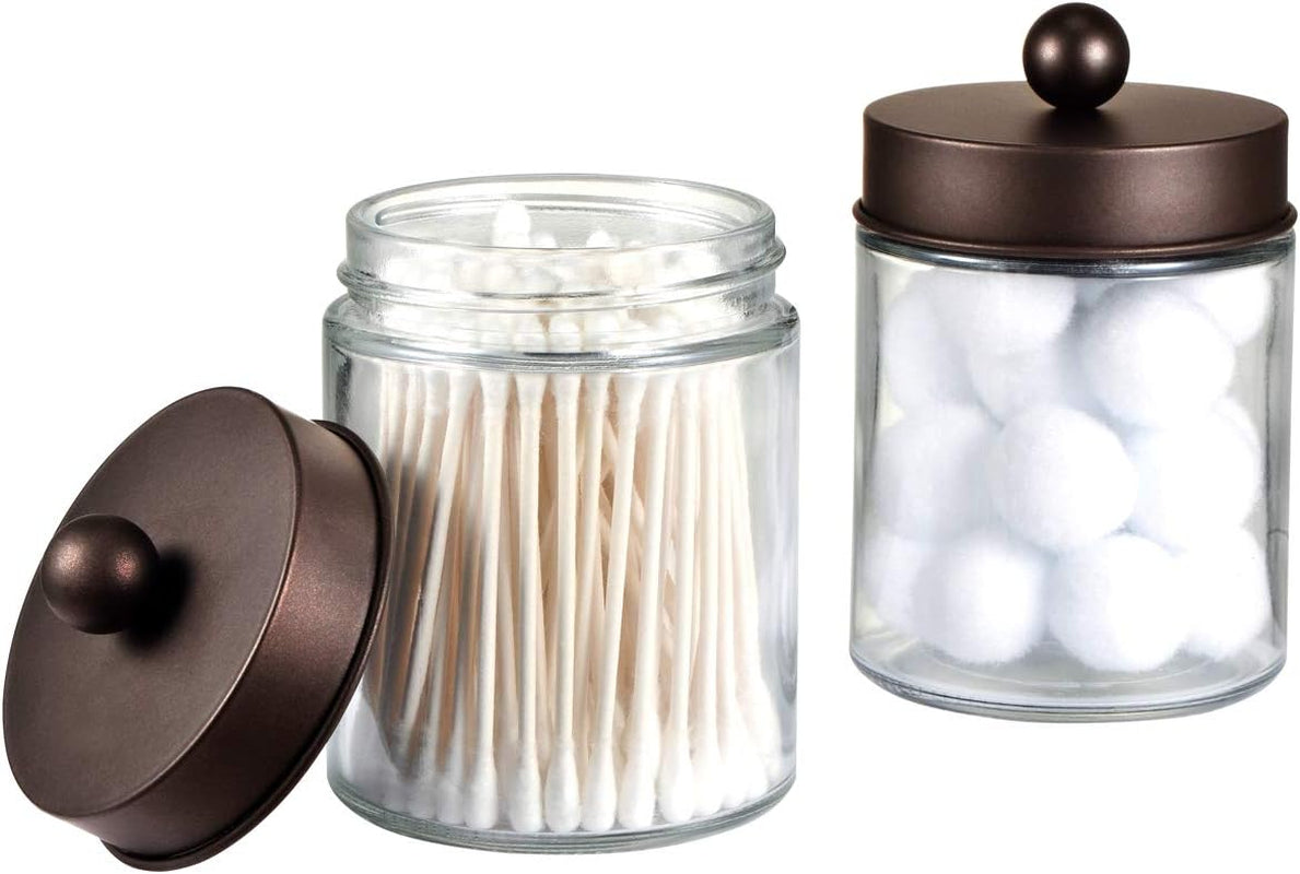 4Pc Apothecary Jars Bathroom Vanity Storage Organizer Set -Countertop Canister with Stainless Steel Lids &Cute Stickers - Qtip Dispenser Holder for Qtips,Cotton Swabs,Makeup Sponges (Bronze)