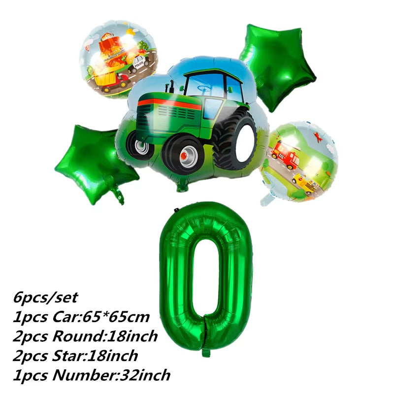 Farm Theme Green Tractor Inflatable Balloons Cake Topper Happy Birthday Party Decoration Kids Birthday Excavator Vehicle Banner