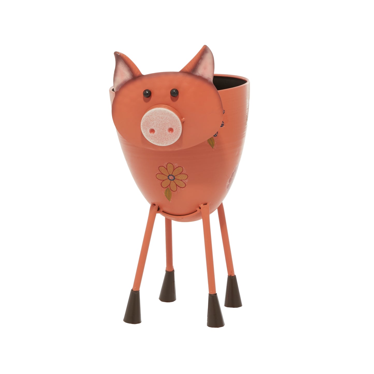 8" X 16" Indoor Outdoor Pink Metal Pig Planter with Floral Pattern Planter