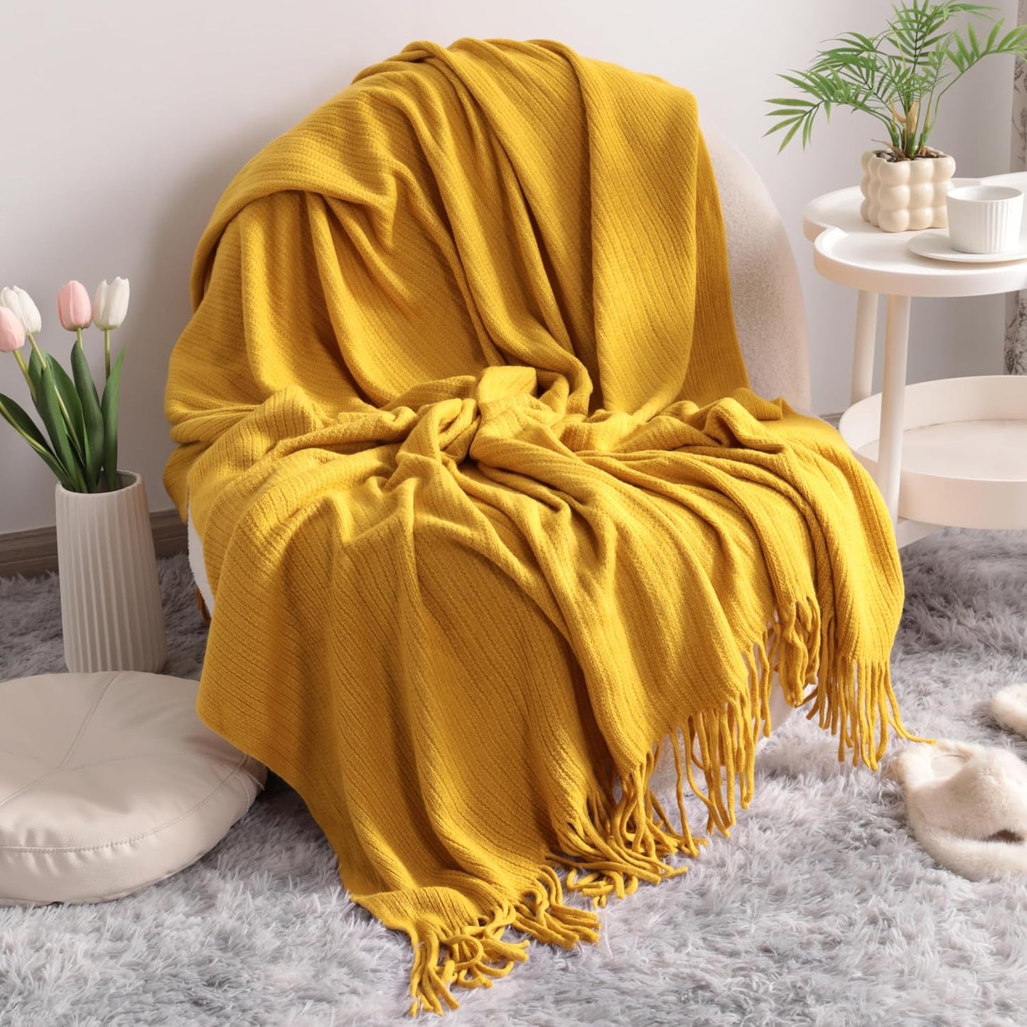 Acrylic Knitted Throw Blanket, Lightweight and Soft Cozy Decorative Woven Blanket with Tassels for Travel, Couch, Bed, Sofa, 51X67 Inches, Taupe Checkered