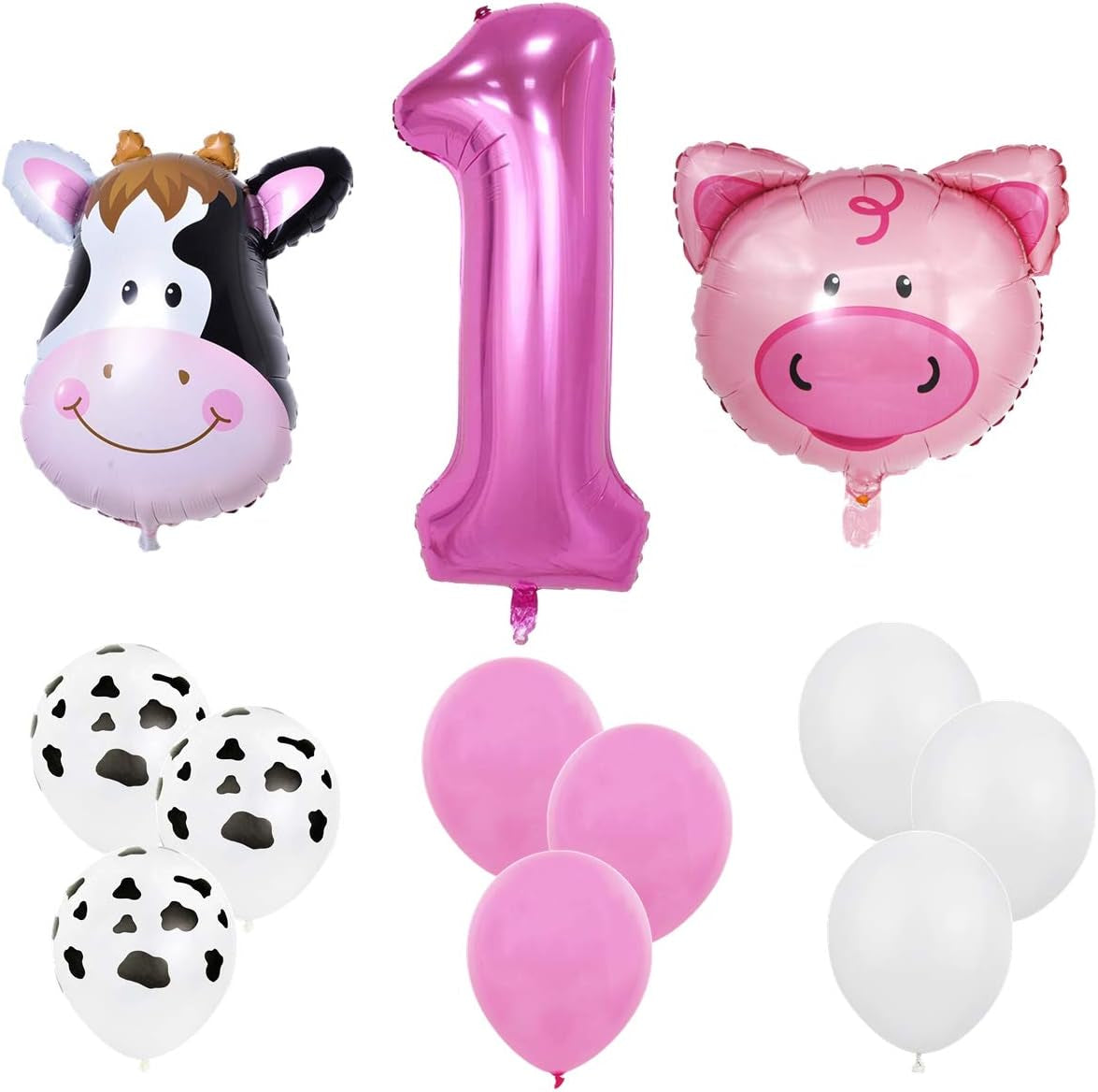 18Pcs Farm Animal Balloons for 1St Birthday Party Decorations Pig Cow Head First Farm Animal Theme Balloon Garland Arch 40" Number 1 Foil Balloon 12" Latex Balloon Baby Girl Shower Party Supplies