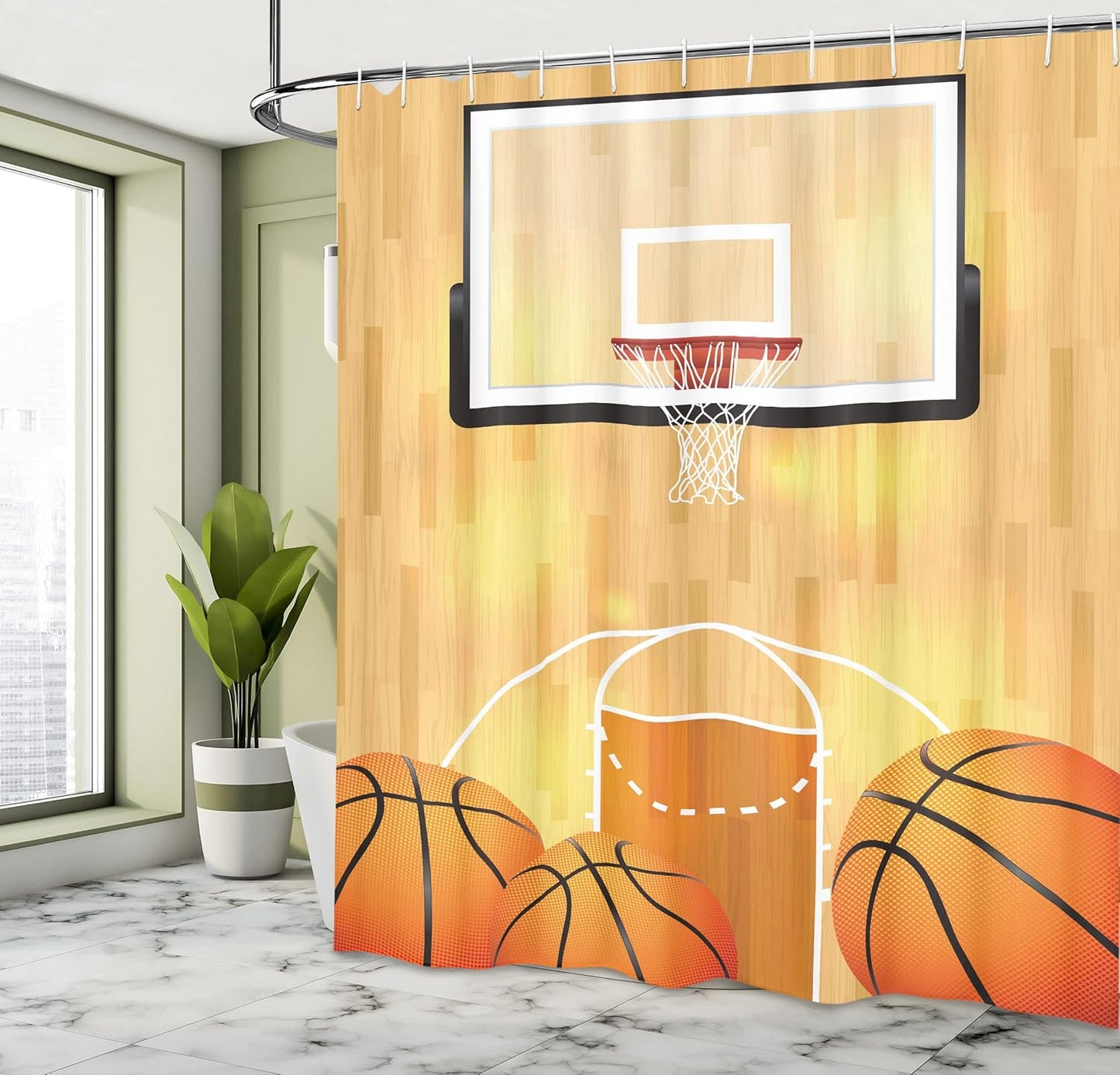Sports Shower Curtain, Vivid Basketball Court Balls and Hoop Madness Rim Court Parquet Hardwood, Cloth Fabric Bathroom Decor Set with Hooks, 69" W X 75" L, White Orange