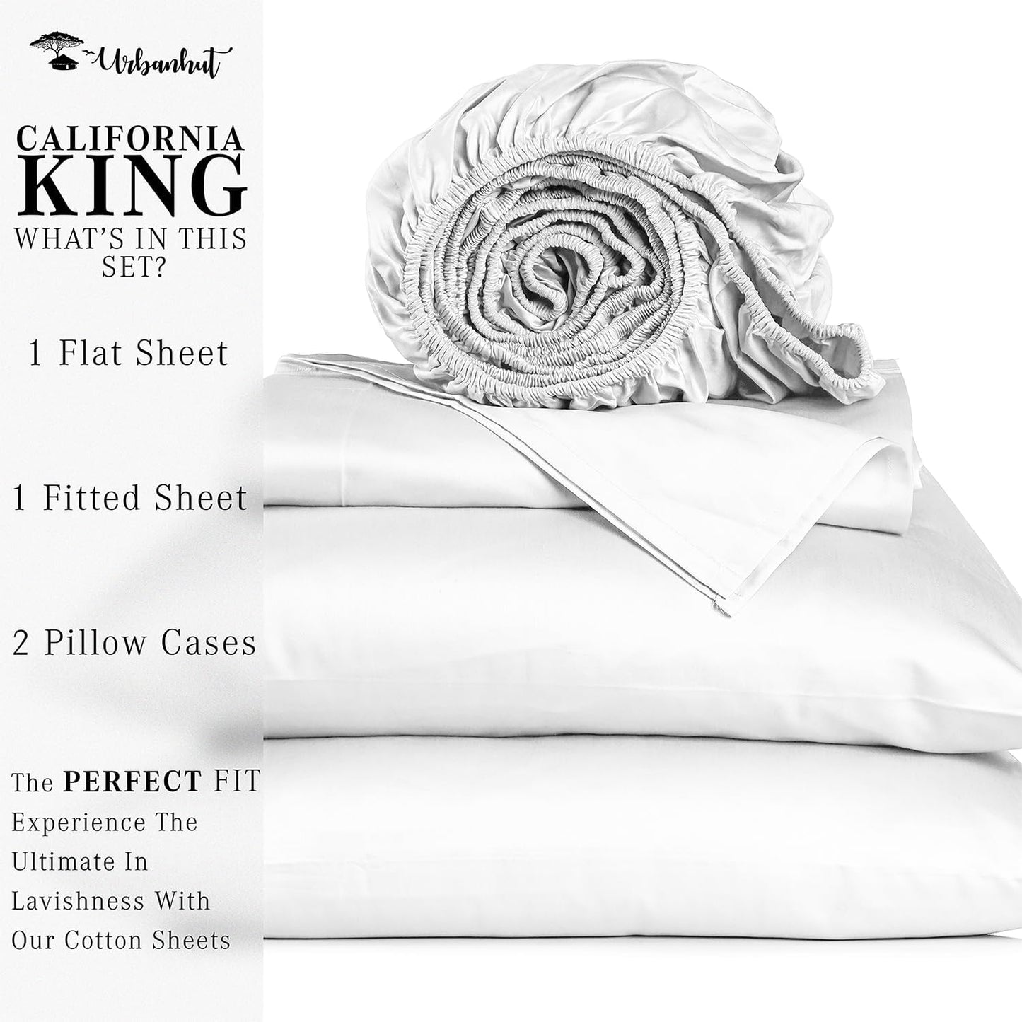 1000 Thread Count Egyptian Cotton Sheets California King Size, Long Staple Soft & Breathable, 4 Pc Bed Sheet Sets, Luxury Hotel Sateen Sheets Fits 16" Deep Pocket - White