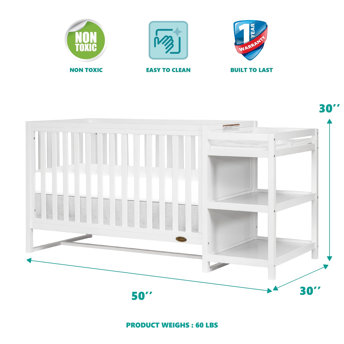 Milo 5 in 1 Convertible Crib and Changing Table with Free Changing Pad in White