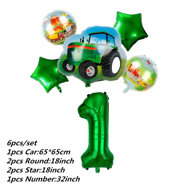 Farm Theme Green Tractor Inflatable Balloons Cake Topper Happy Birthday Party Decoration Kids Birthday Excavator Vehicle Banner