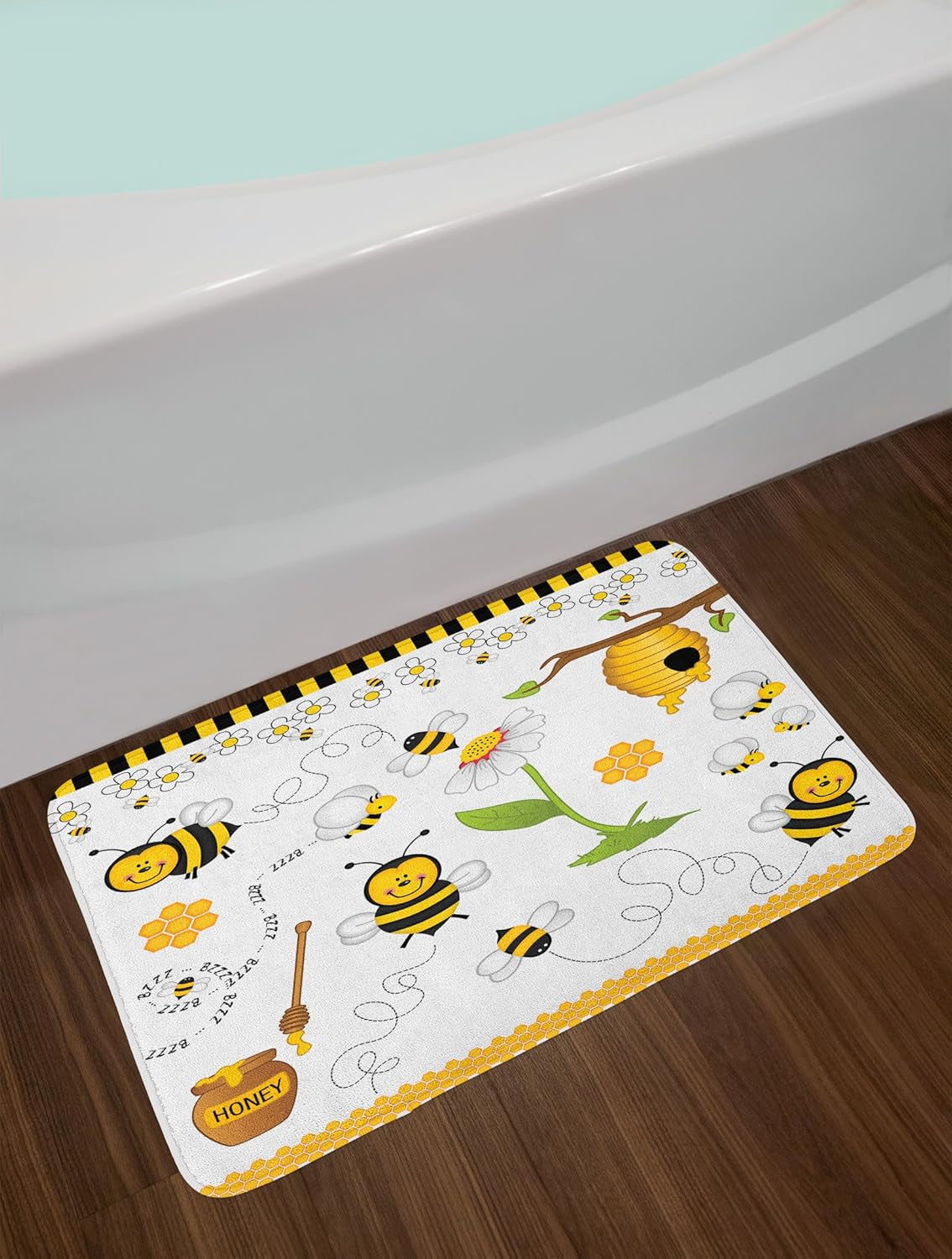 Collage Bath Mat, Flying Bees Daisies Honey Chamomile Flowers Springtime Animal Print, Plush Bathroom Decor Mat with Non Slip Backing, 30.2" X 20", Yellow White and Black