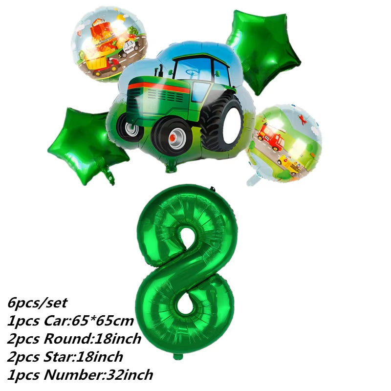 Farm Theme Green Tractor Inflatable Balloons Cake Topper Happy Birthday Party Decoration Kids Birthday Excavator Vehicle Banner