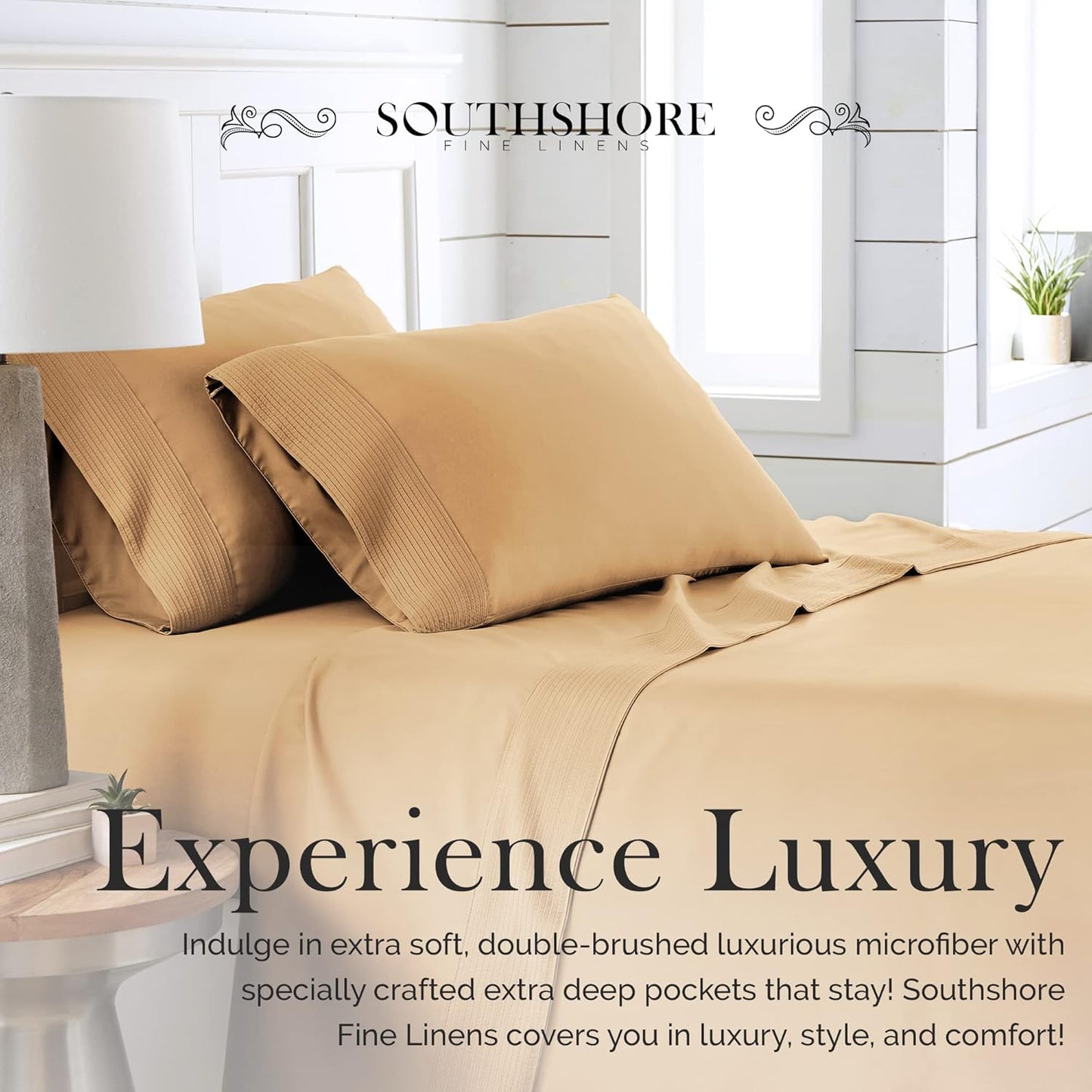 5-Piece Split King Sheet Set, 21-Inch Extra Deep Pocket Split King Adjustable Bed Sheets, with 2 Fitted Sheets, 1 Flat Sheet, and 2 King Pillowcases, Gold Sheets