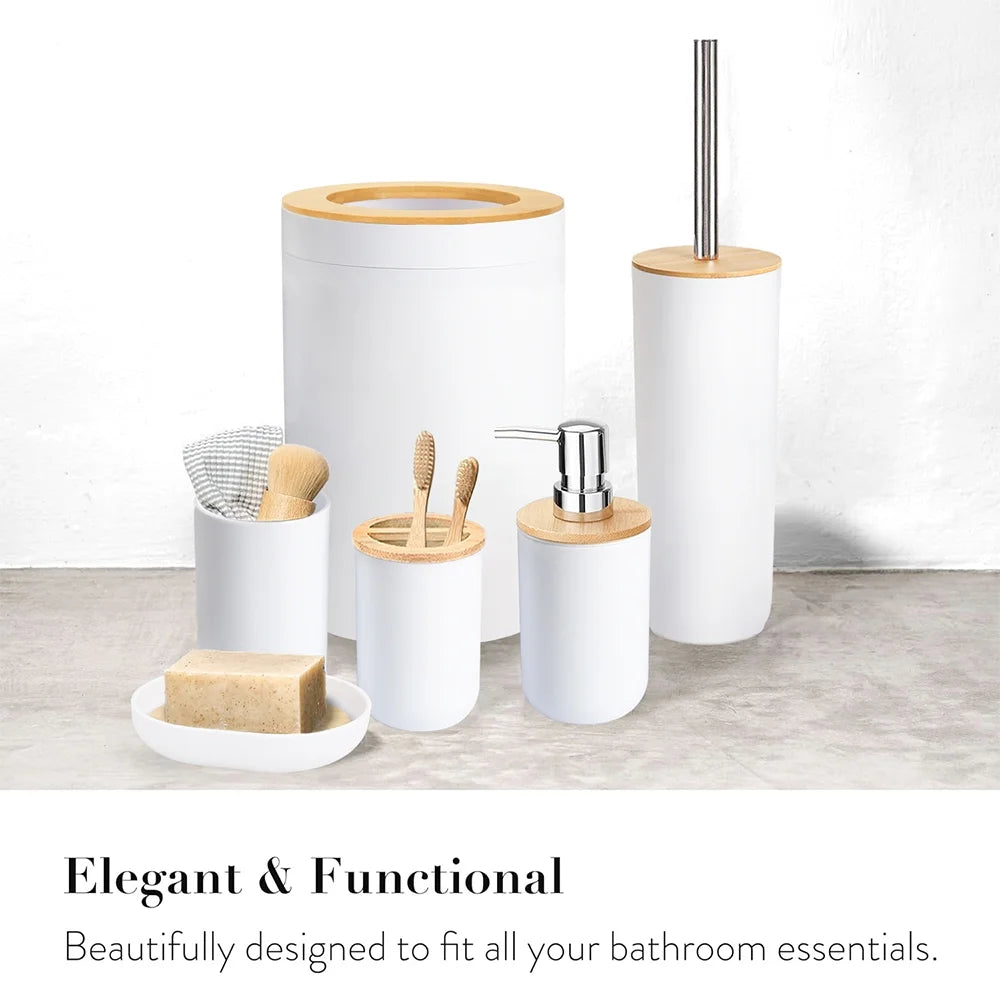 Bamboo Bathroom Accessory Set, 6 Pieces Bath Set- Soap Dish Toothbrush Holder Rinse Cup Lotion Bottle Trash Can Toilet Brush - Practical Toilet Kit for Home Washing Room,White