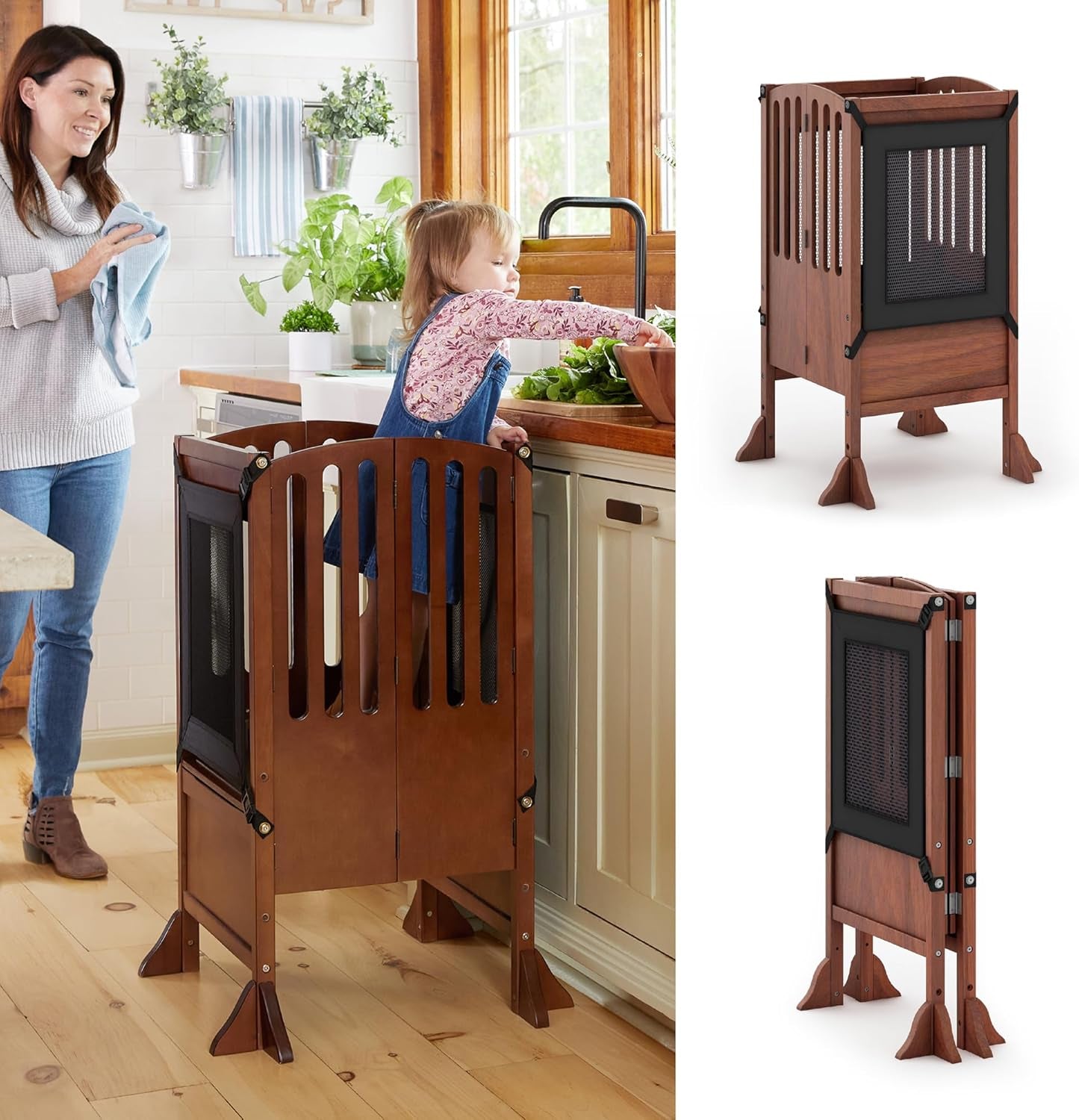 Contemporary Kitchen Helper® Stool with 2 Keepers - Walnut: Adjustable Height Wooden Counter Step Stool for Toddlers