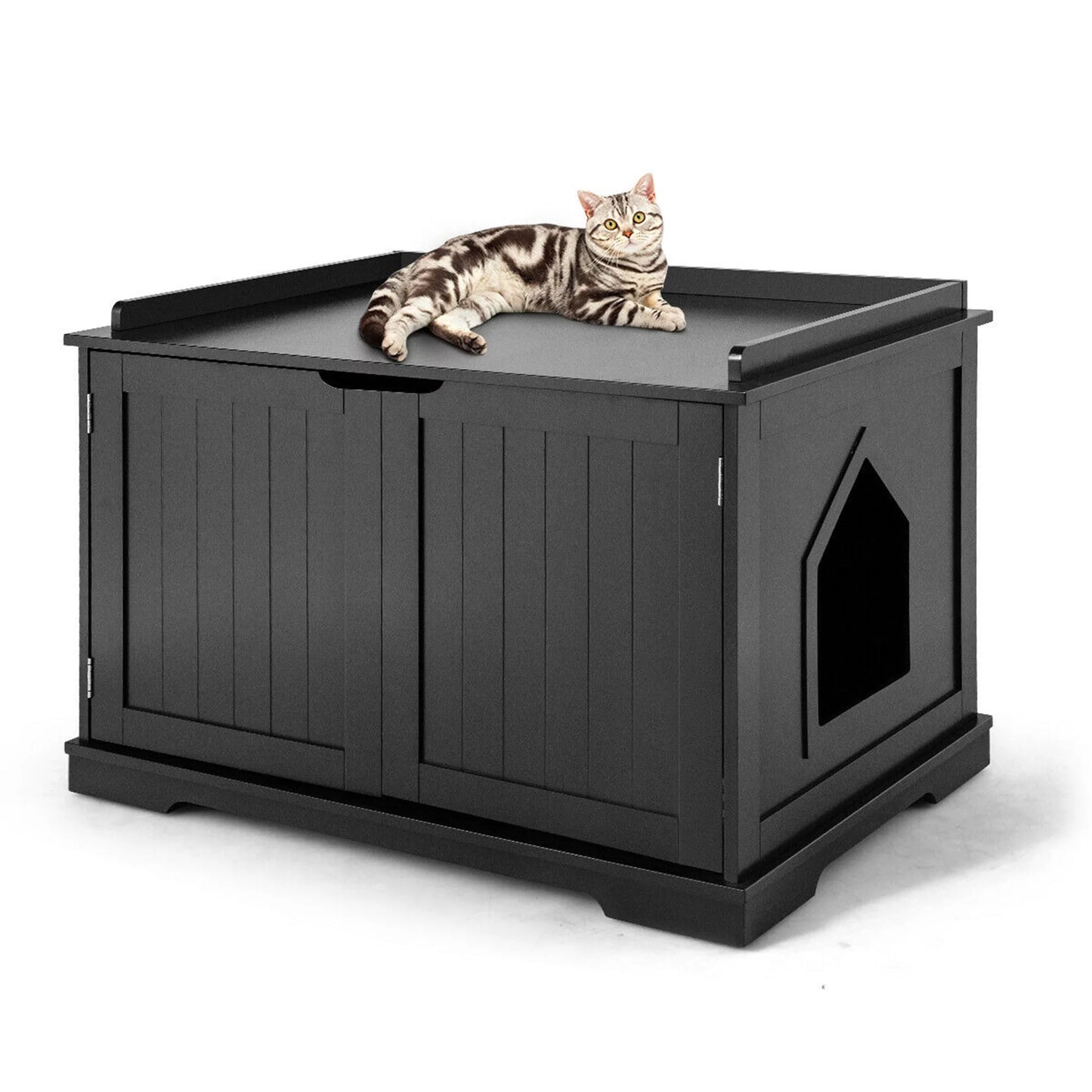Cat Litter Box Side Table Washroom Storage Bench Wooden Enclosure Pet House Black