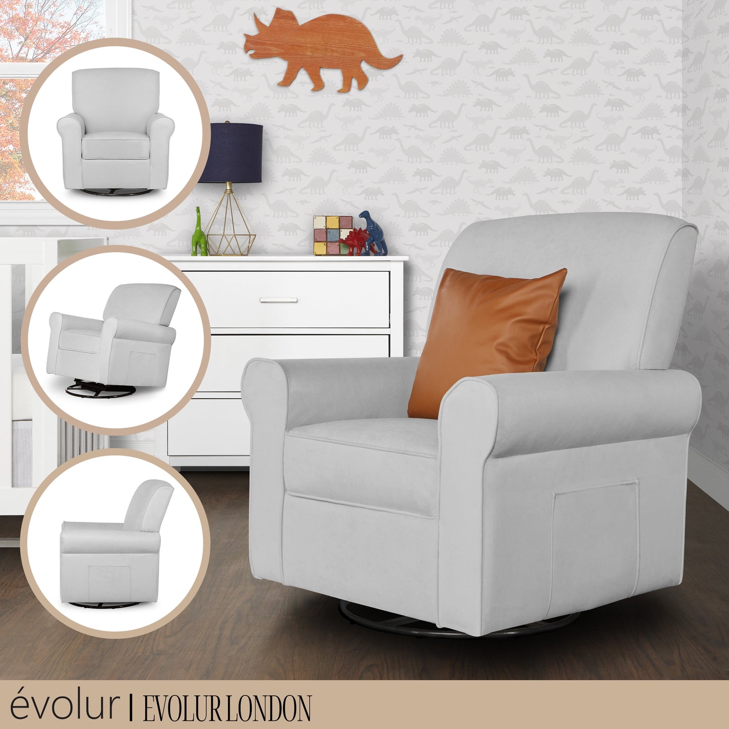 London Upholstered 360 Swivel L Glider I Rocker I Nursery Glider I Durable Soft Fabric in Gray Finish