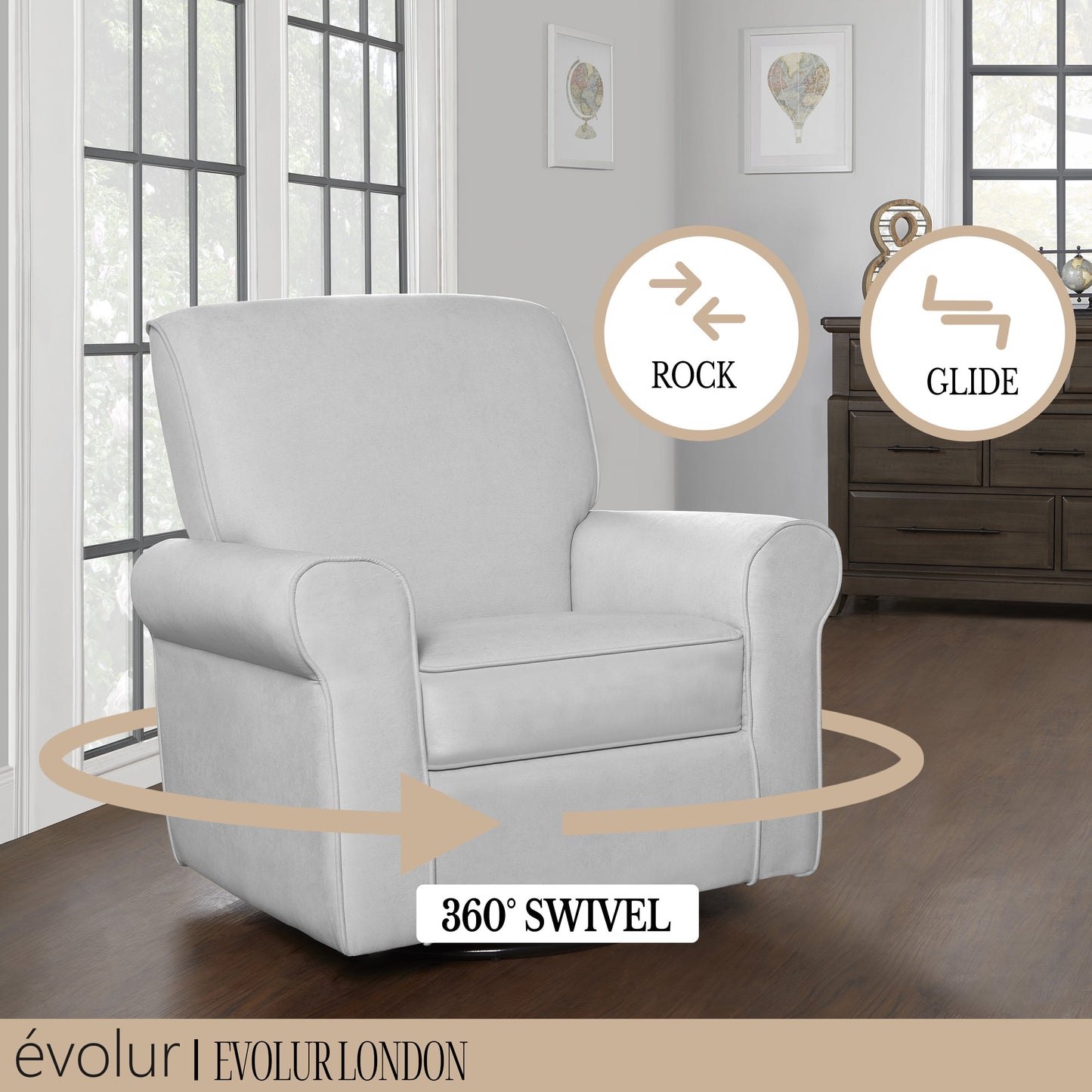 London Upholstered 360 Swivel L Glider I Rocker I Nursery Glider I Durable Soft Fabric in Gray Finish