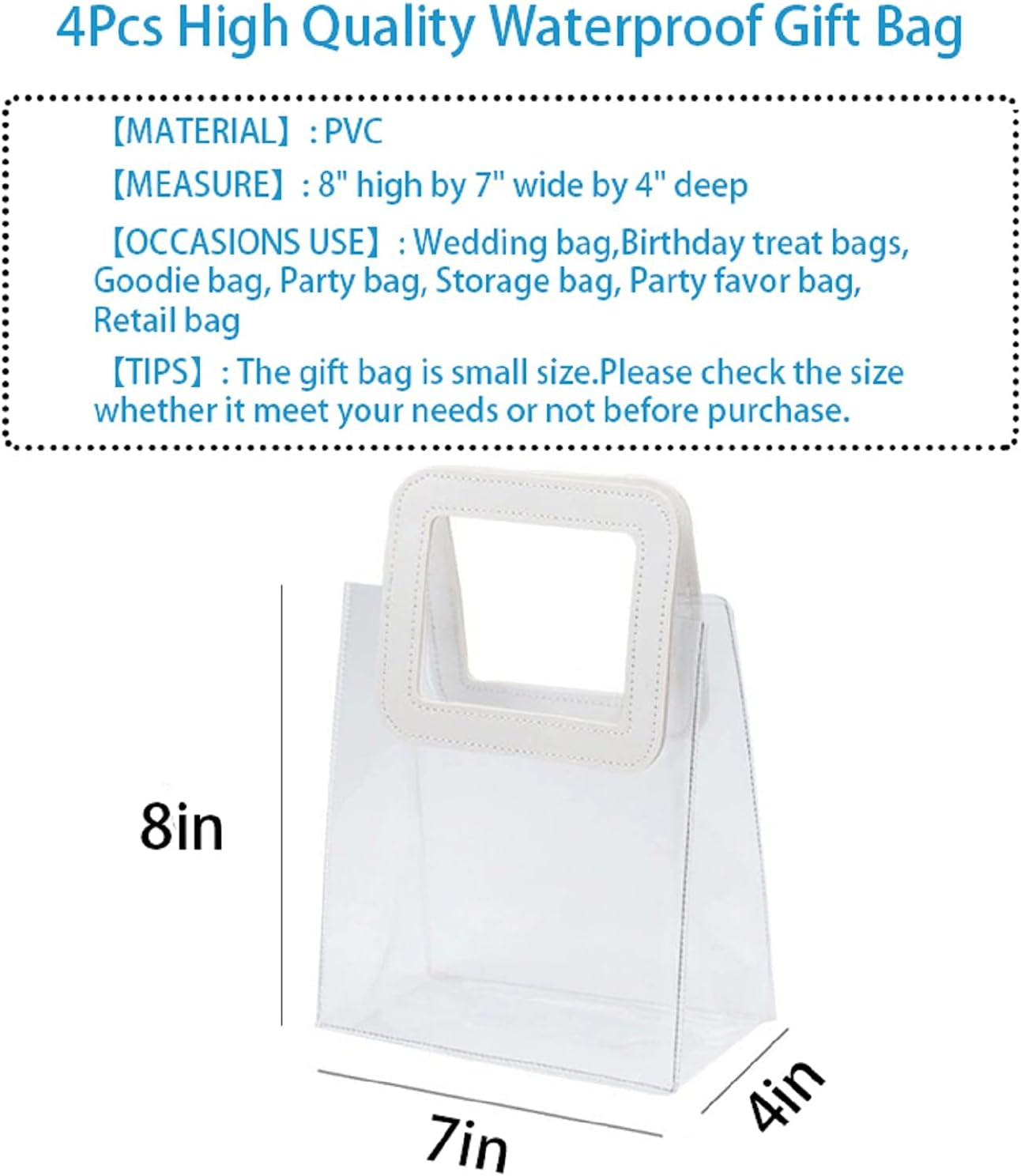 Clear Gift Bag with Handle, 4 Pcs Transparent PVC Gift Bag, Heavy Duty Reusable Gift Wrap Bags for Bridal Party, Baby Shower, Wedding Favor, Shopping Bag Bulk- 7"X4" X8"