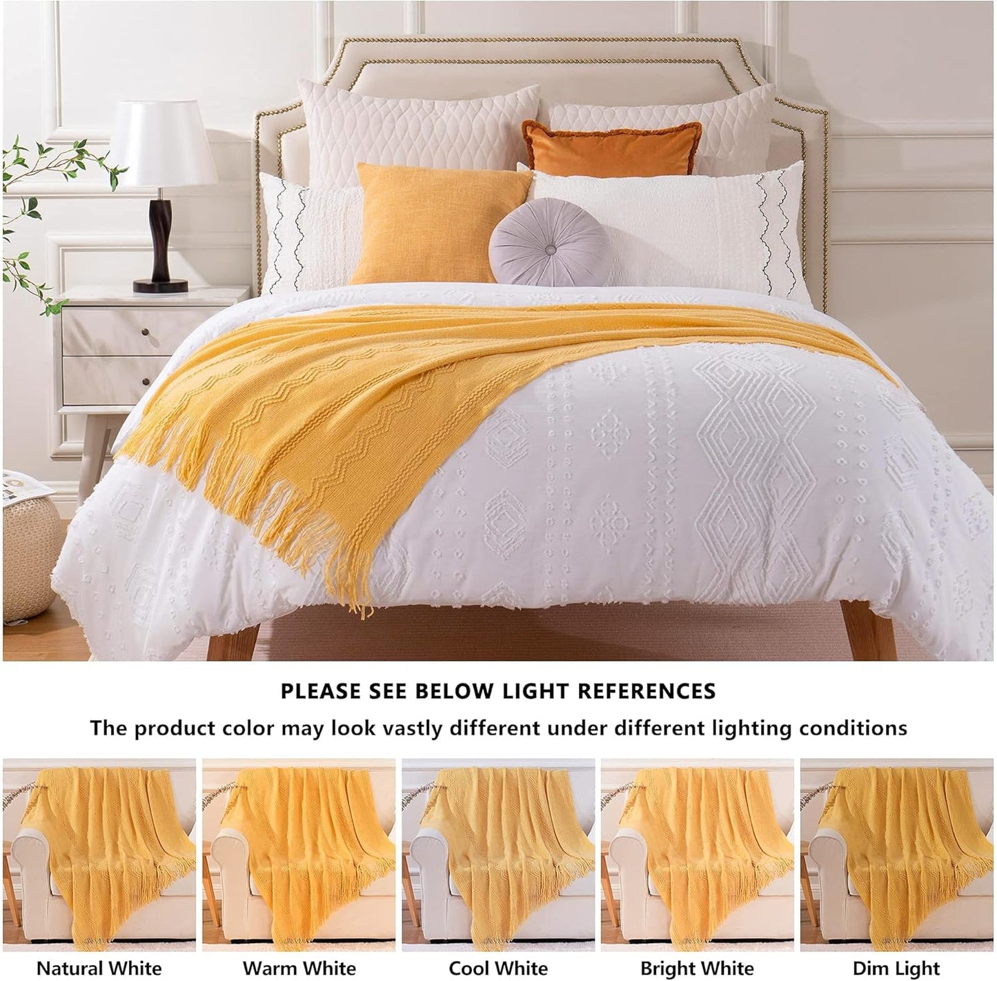 Mustard Throw Blanket with Fringe Geometric Bed Yellow Throws Summer Breathable Decorative Large Throw for Couch Sofa Indoor Outdoor (Yellow, 50"X60")