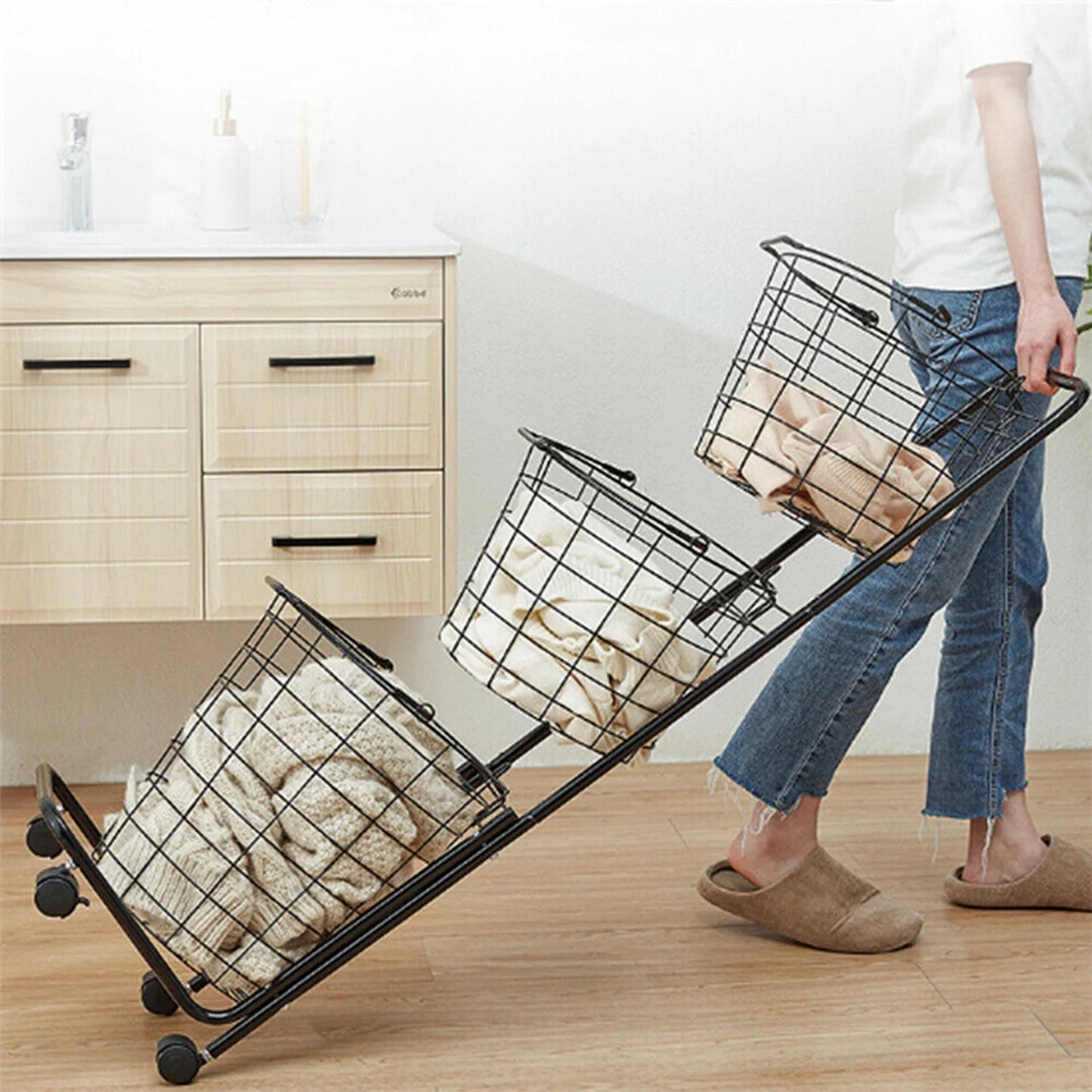 Removable 3 Tier Metal Rolling Laundry Basket Cart,Large Capacity Wire Basket Laundry Hamper with Wheels, Laundry Butler for Bathroom Bedroom Laundry Room, Black