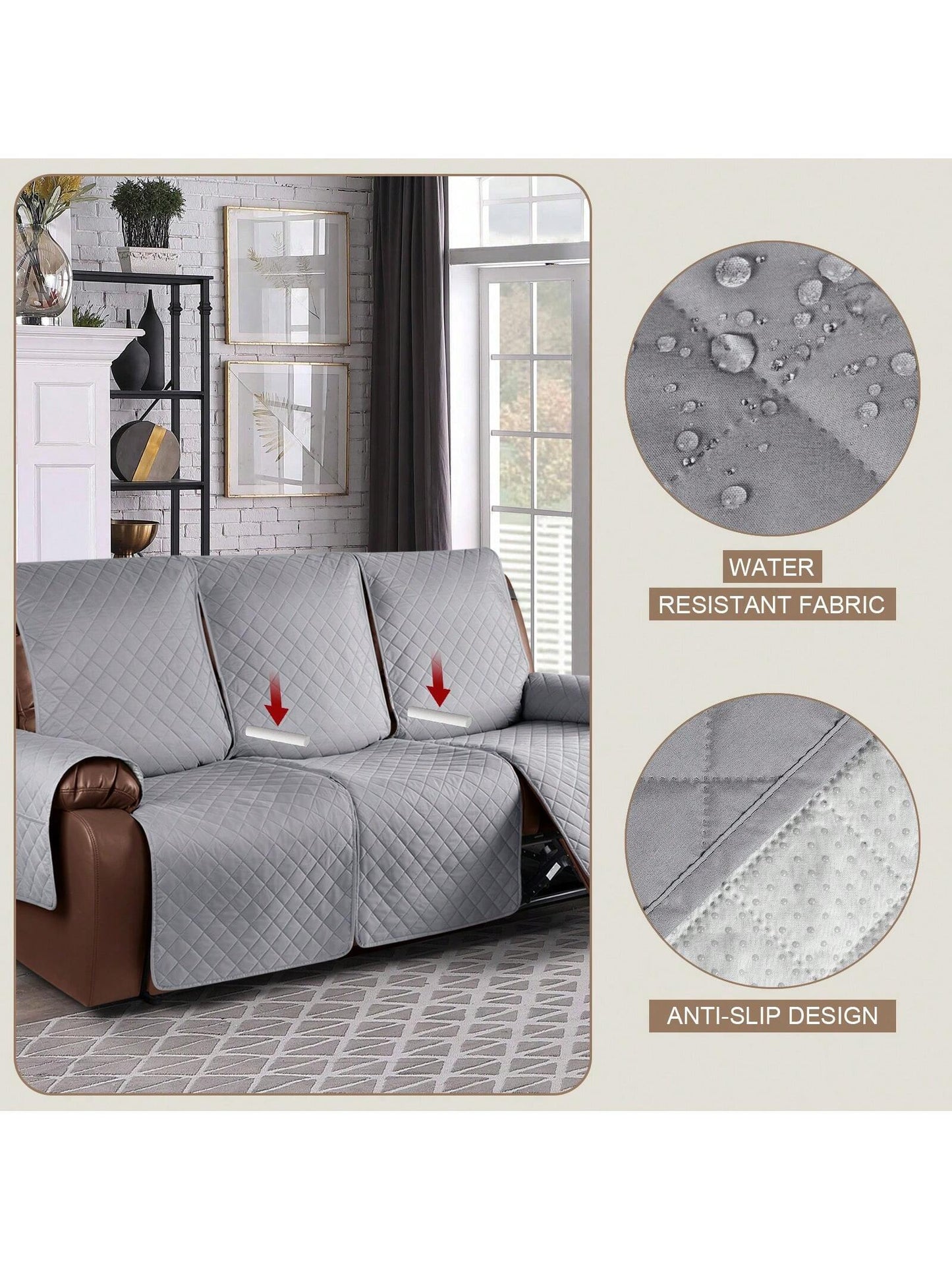 Waterproof Recliner Sofa Cover, Non-Slip Reclining Couch Covers for 1, 2 & 3 Seater, Recliner Couch Cover Furniture Protector with Elastic Straps for Pets, Kids