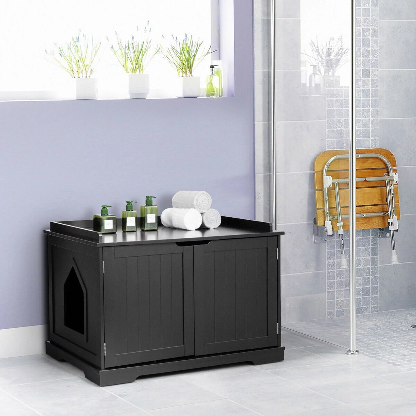 Cat Litter Box Side Table Washroom Storage Bench Wooden Enclosure Pet House Black